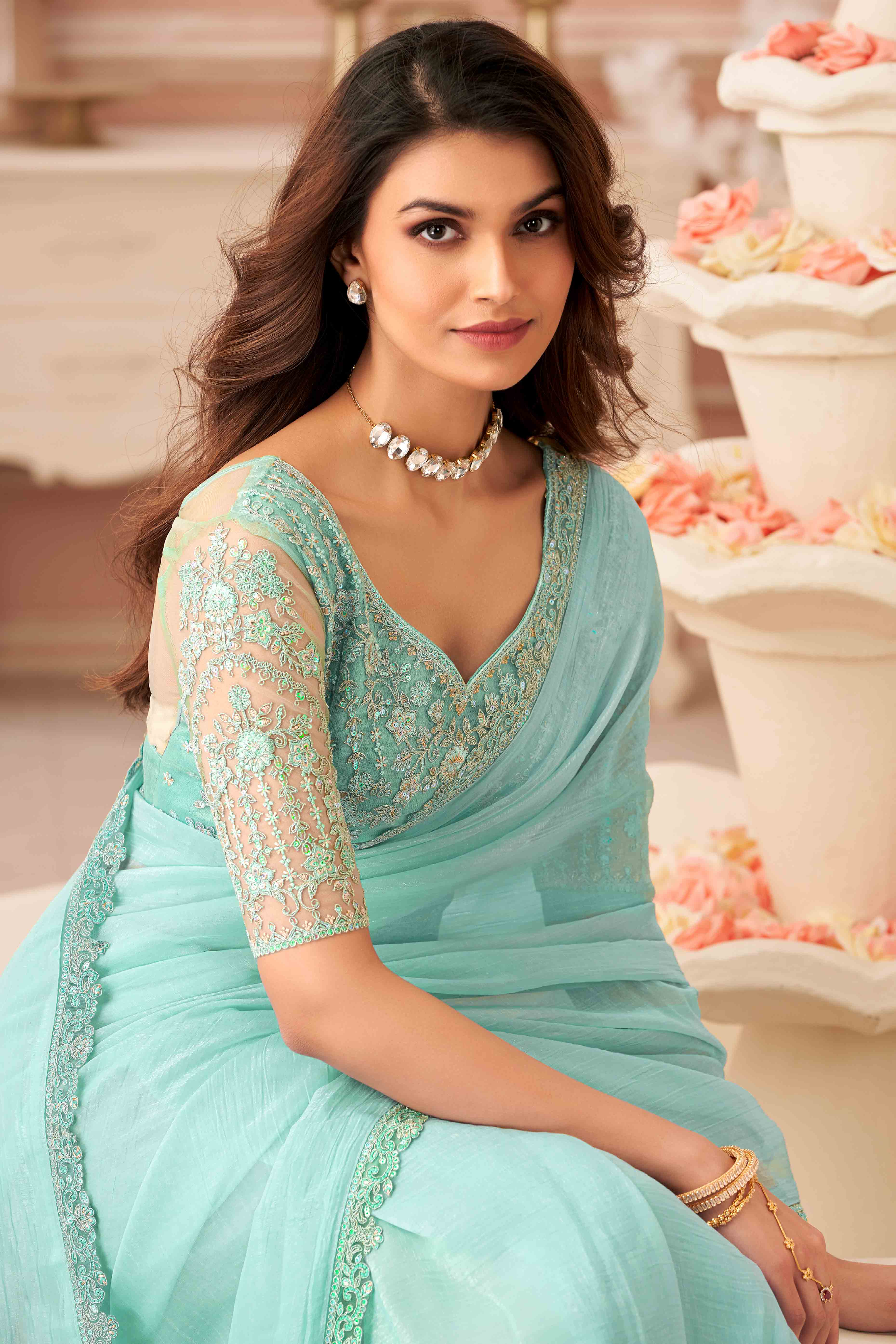 Turquoise Sequins Embroidered Georgette Saree