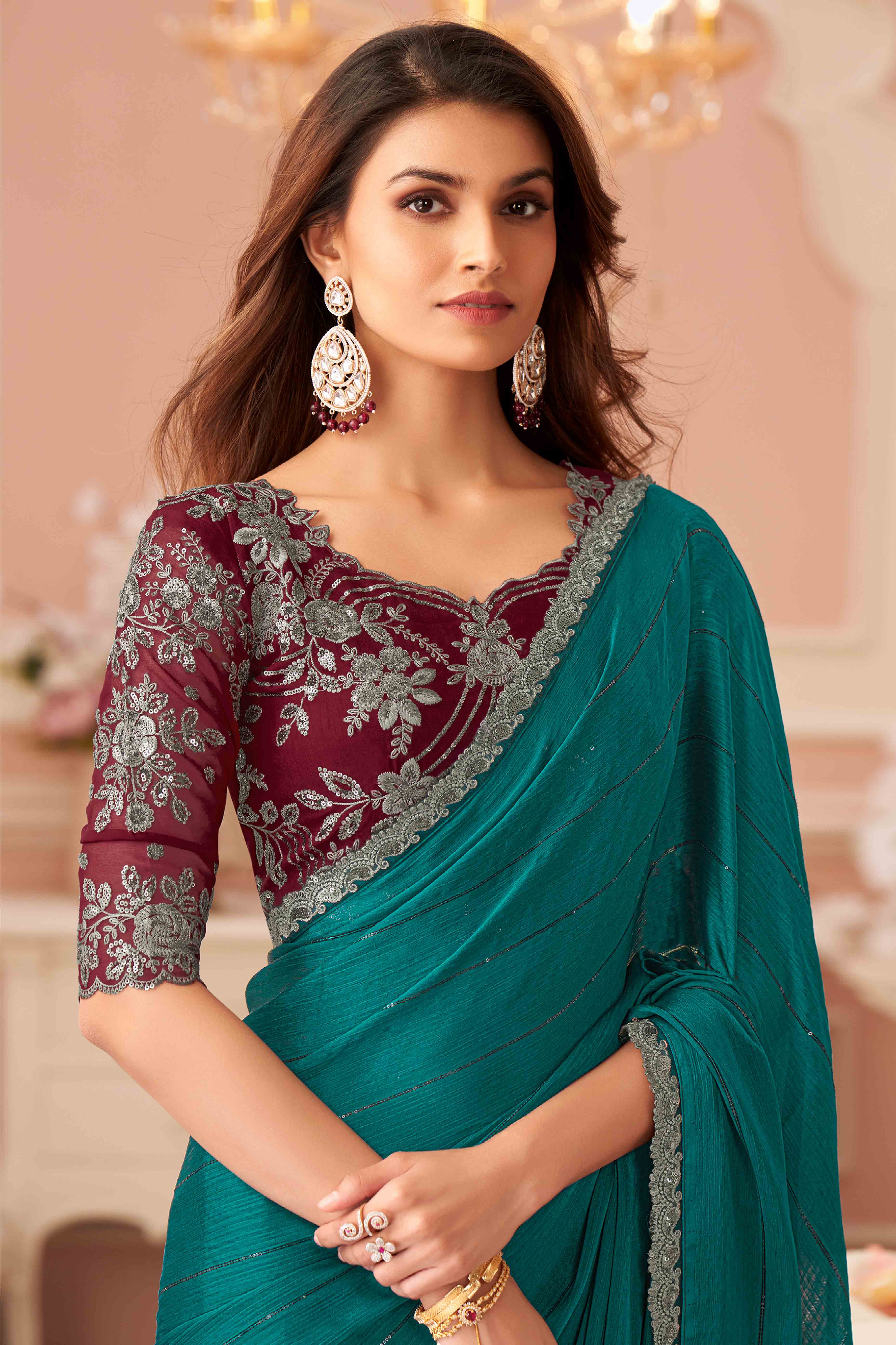 Teal Sequins Embroidered Satin Saree