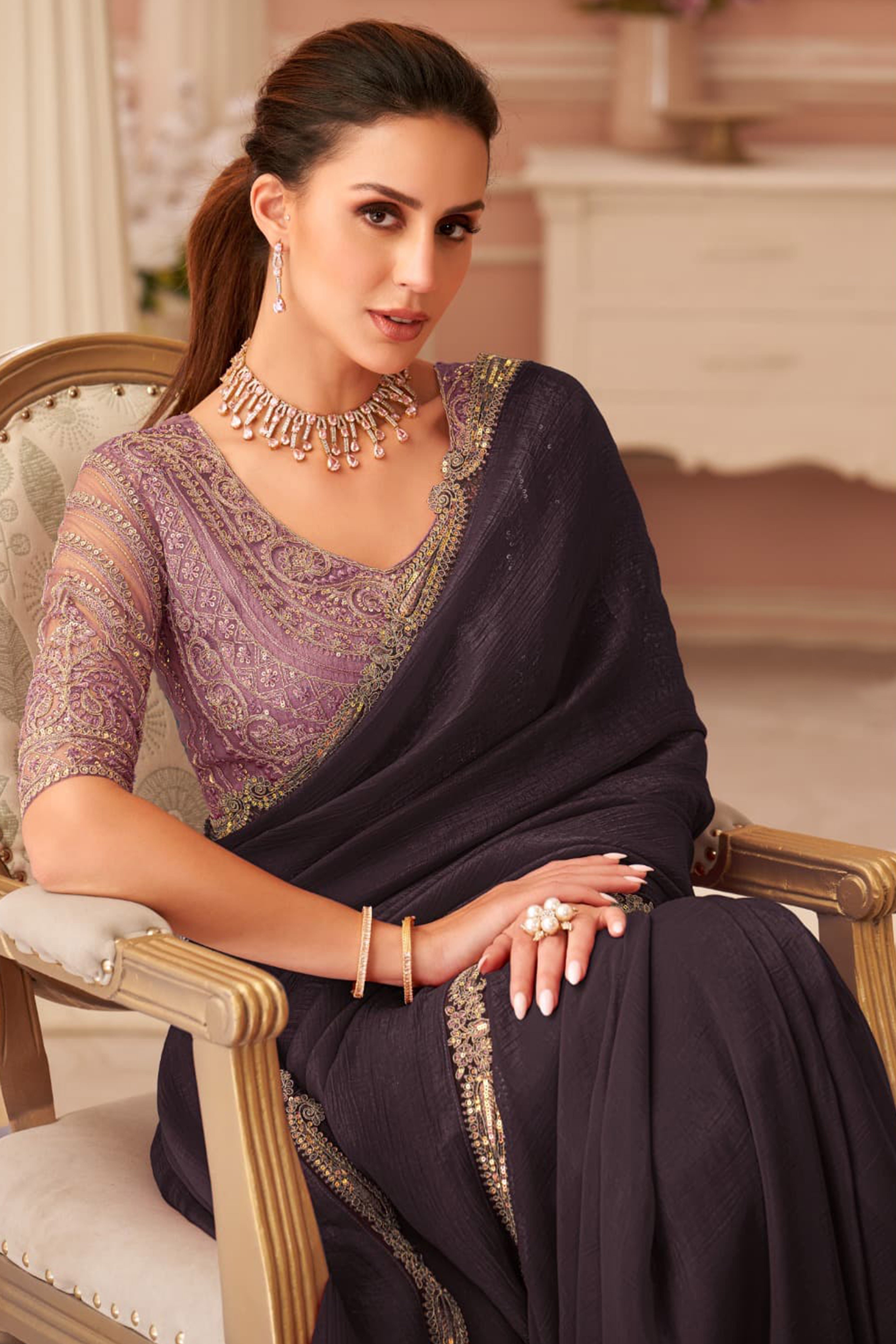 Graceful Wine Georgette Saree with Intricate Sequin Embroidery Detailing