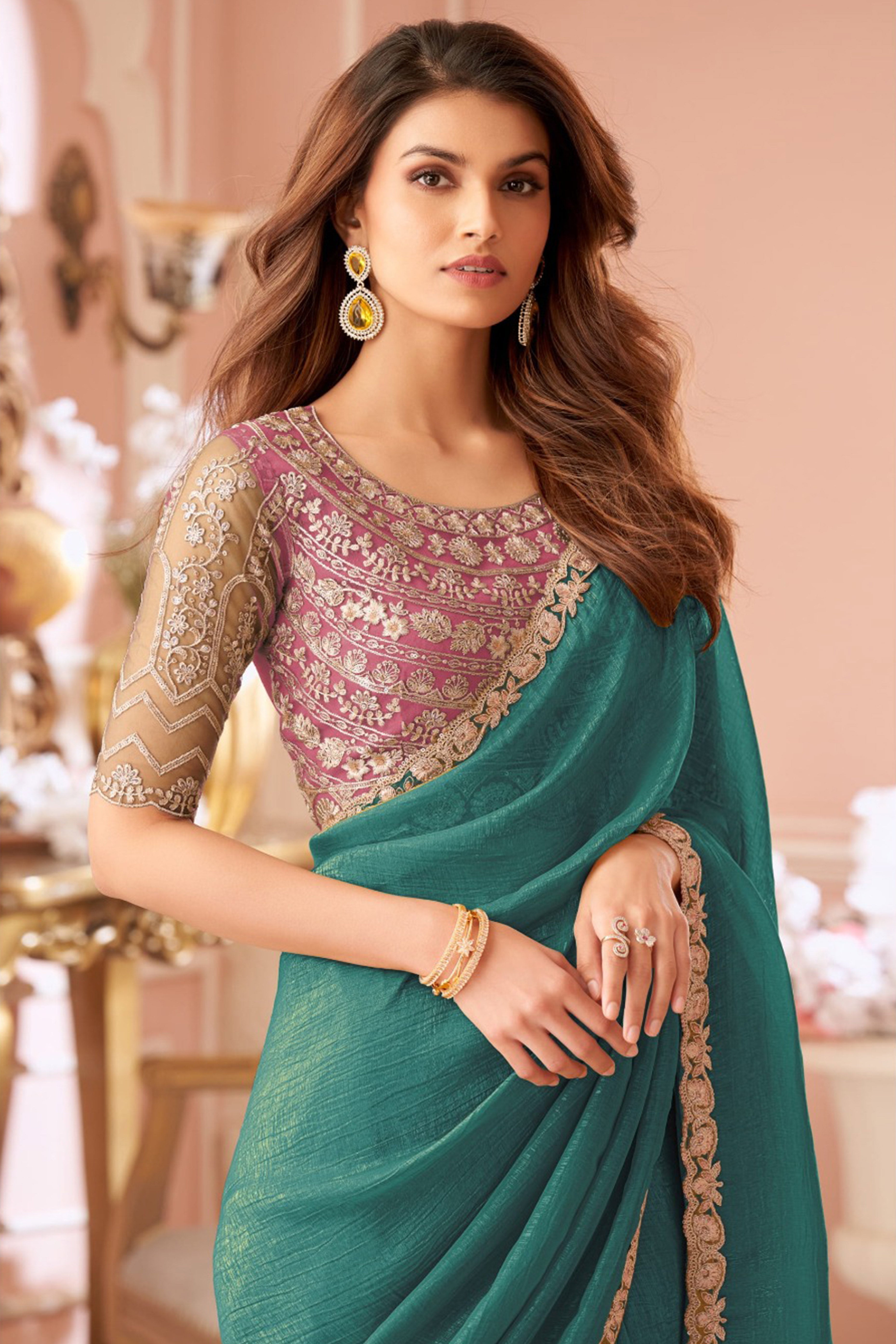 Designer Rama Green Sequin Embroidered Georgette Saree for Party Functions