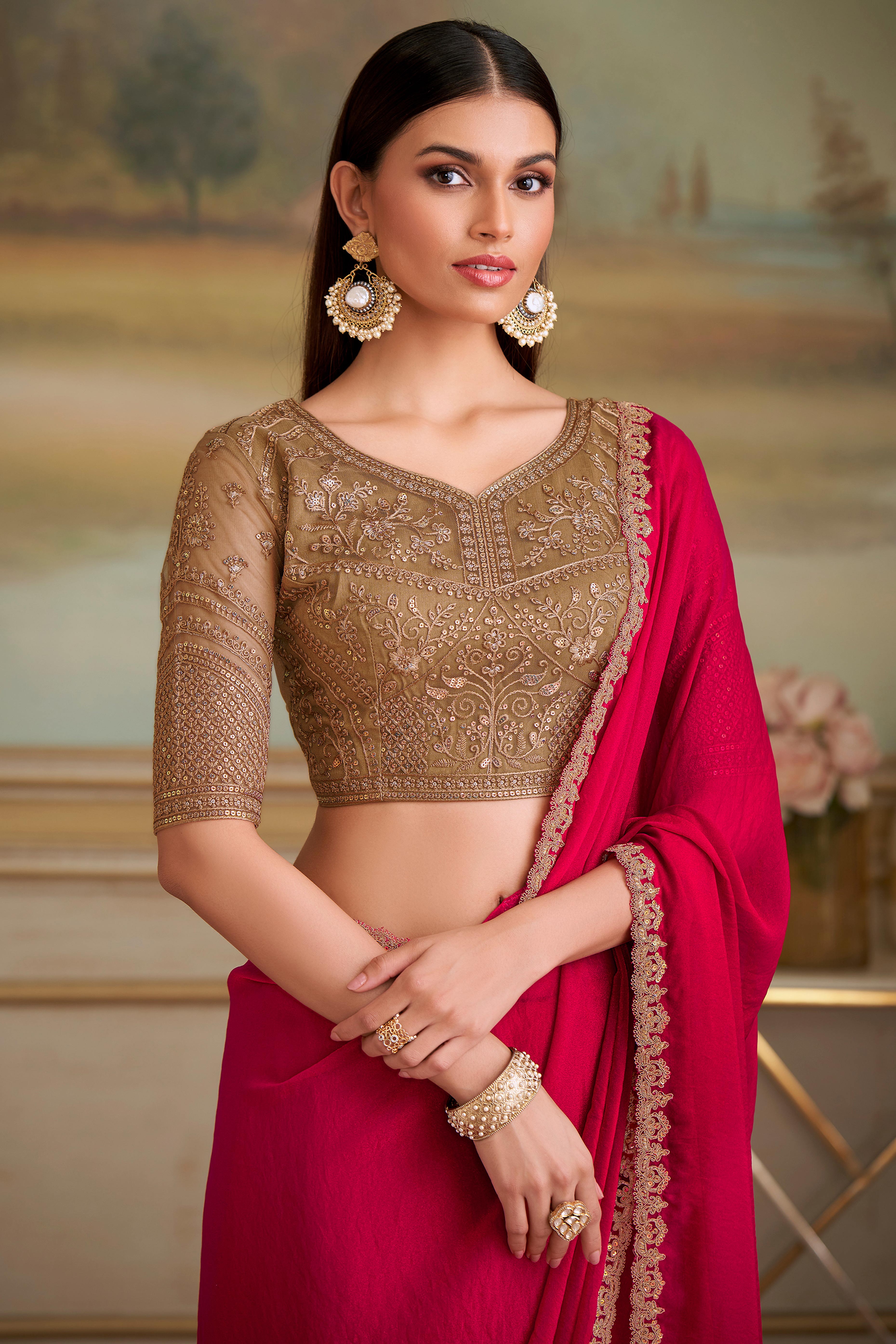 Radiant Cherry Red Shining Georgette Saree Adorned With Floral Sequins Embroidered Lace Border