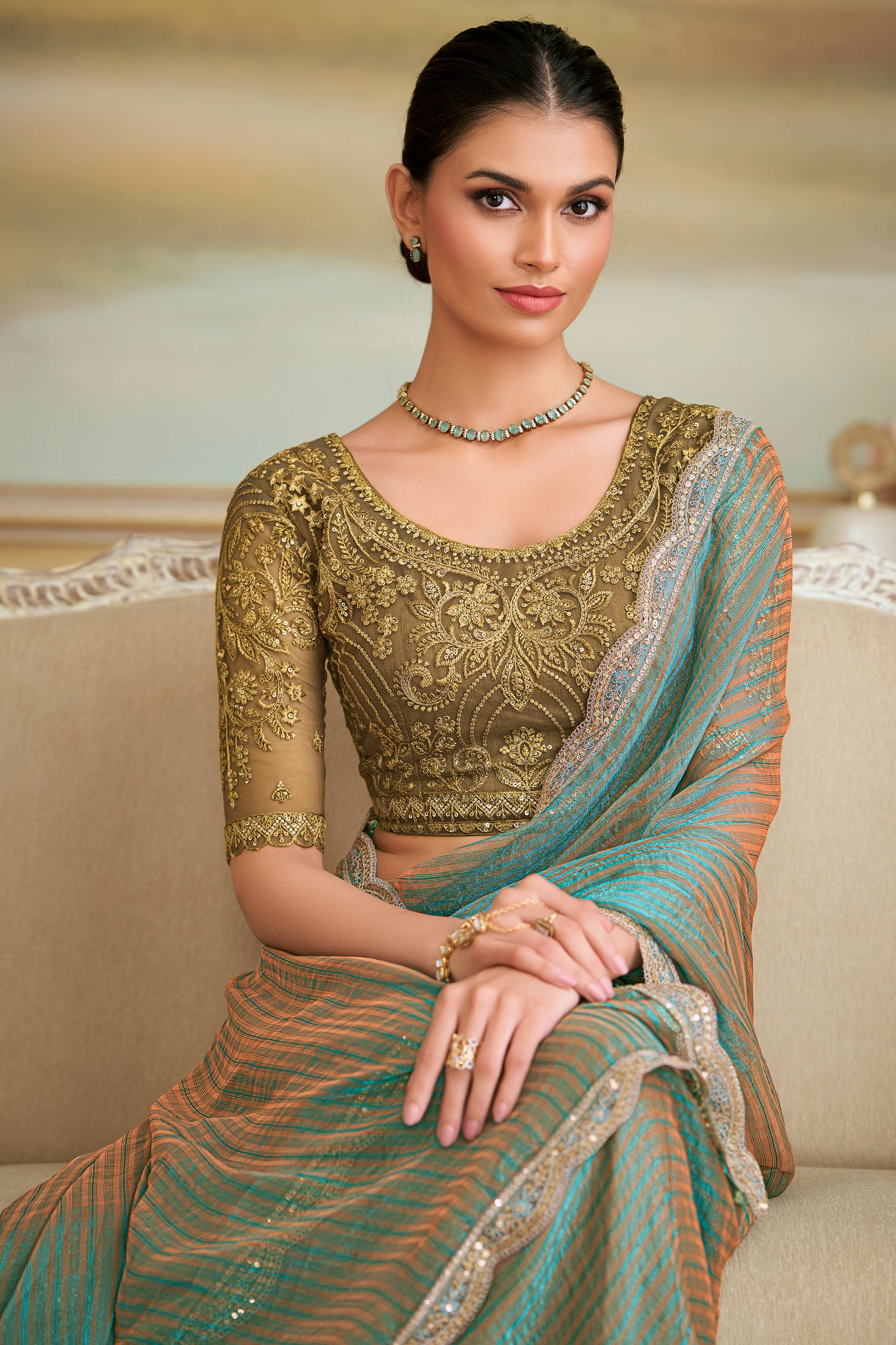 Charming Turquoise Striped Georgette Saree Featuring Floral Sequins Embroidered Lace Border