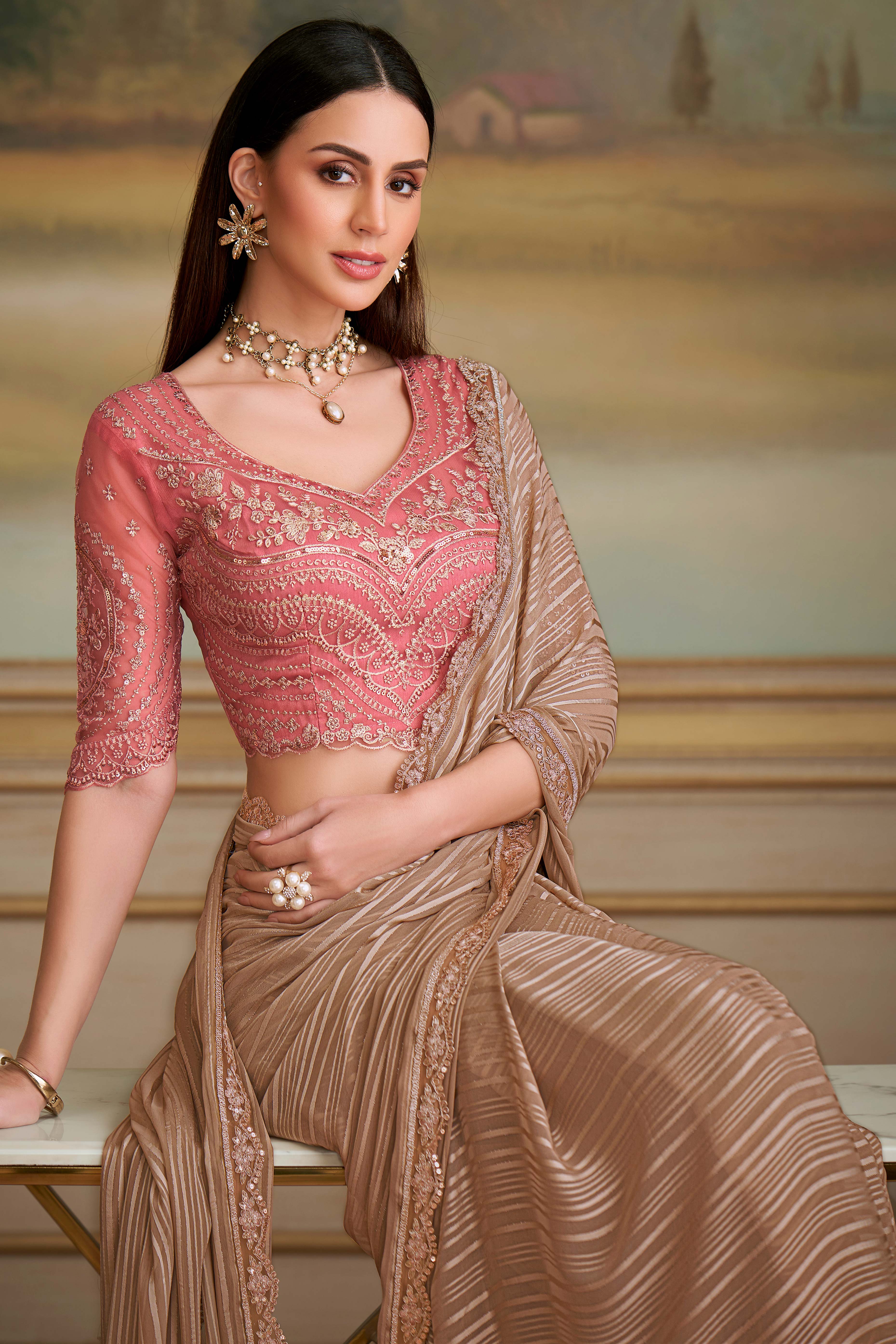 Timeless Chikoo Satin Stripe Pattern Georgette Saree With Floral Sequins Embroidery Lace Border