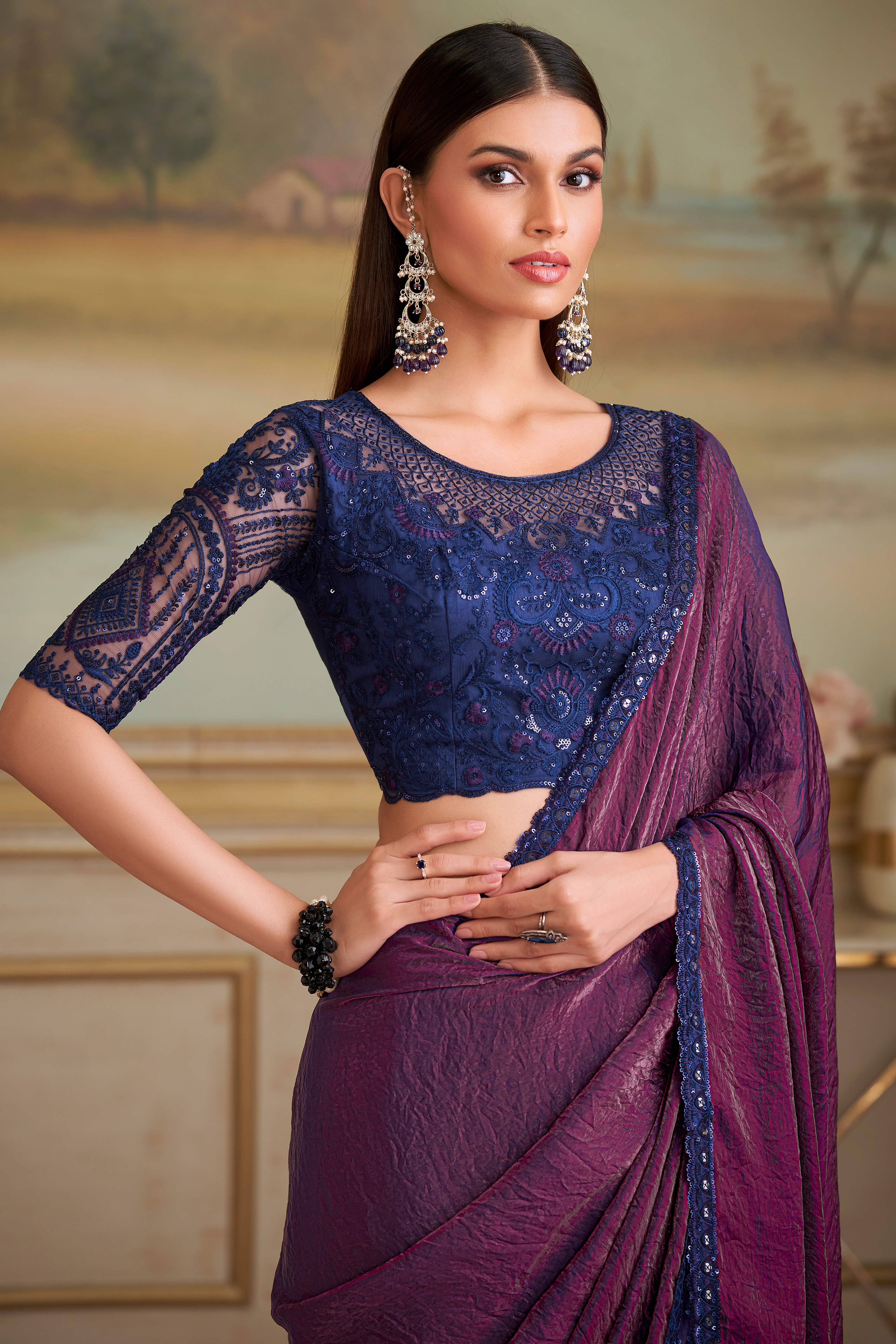 Opulent Wine Shade Twilight Georgette Saree Adorned With Floral Sequins Embroidered Lace Border