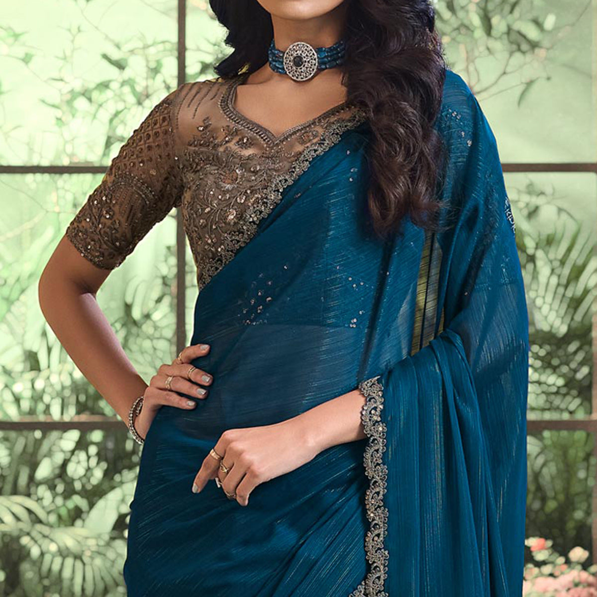 Teal Embroidered Georgette Designer Saree