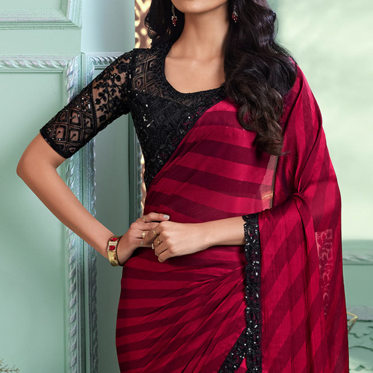 Magenta Embroidered Satin Designer Saree