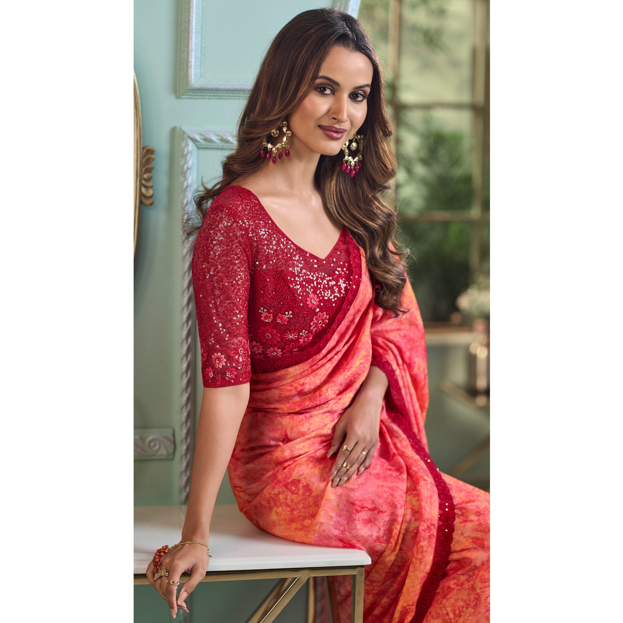 Peach Embroidered Chiffon Designer Saree