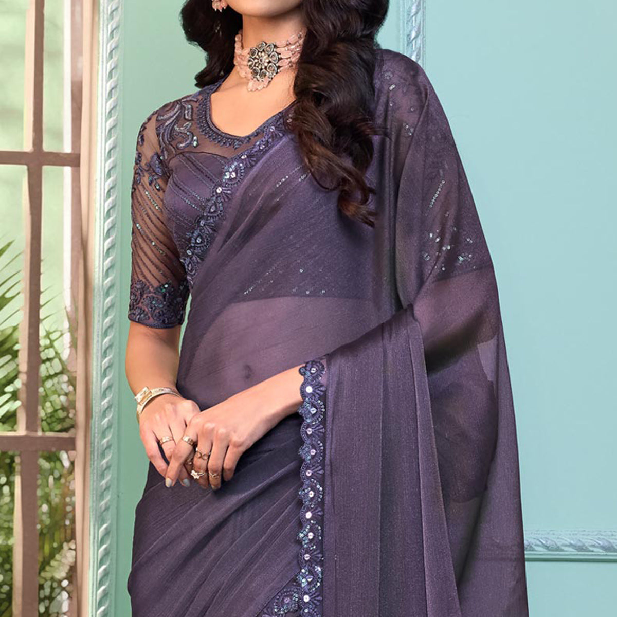 Purple Embroidered Georgette Designer Saree