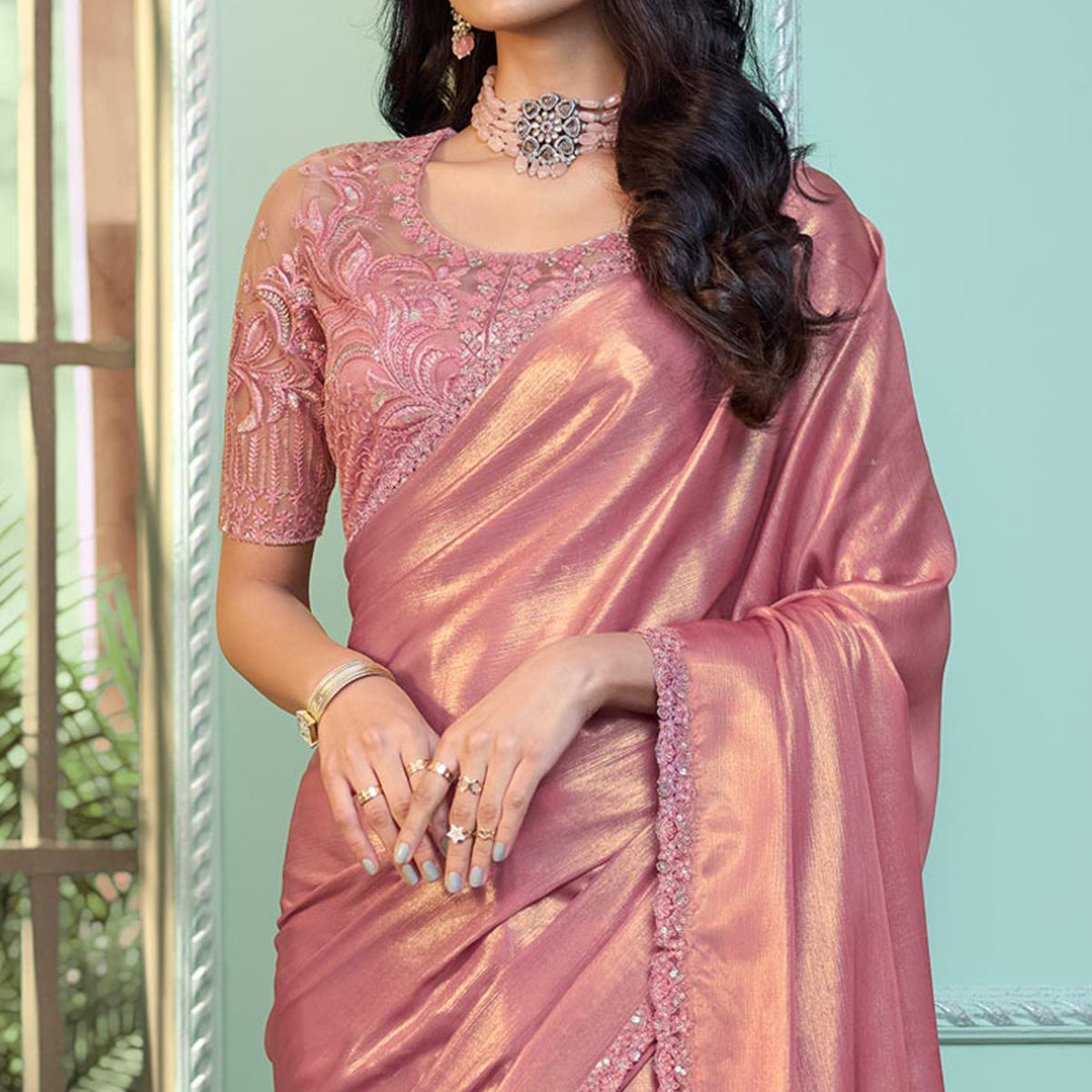 Dusty Peach Embroidered Georgette Designer Saree