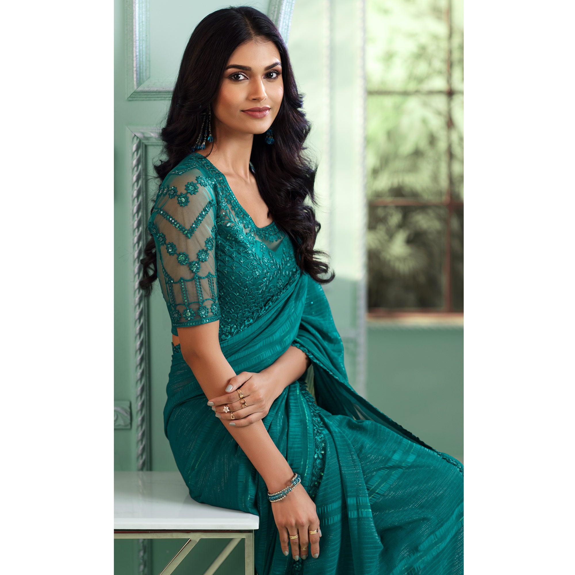 Teal Green Embroidered Chiffon Designer Saree