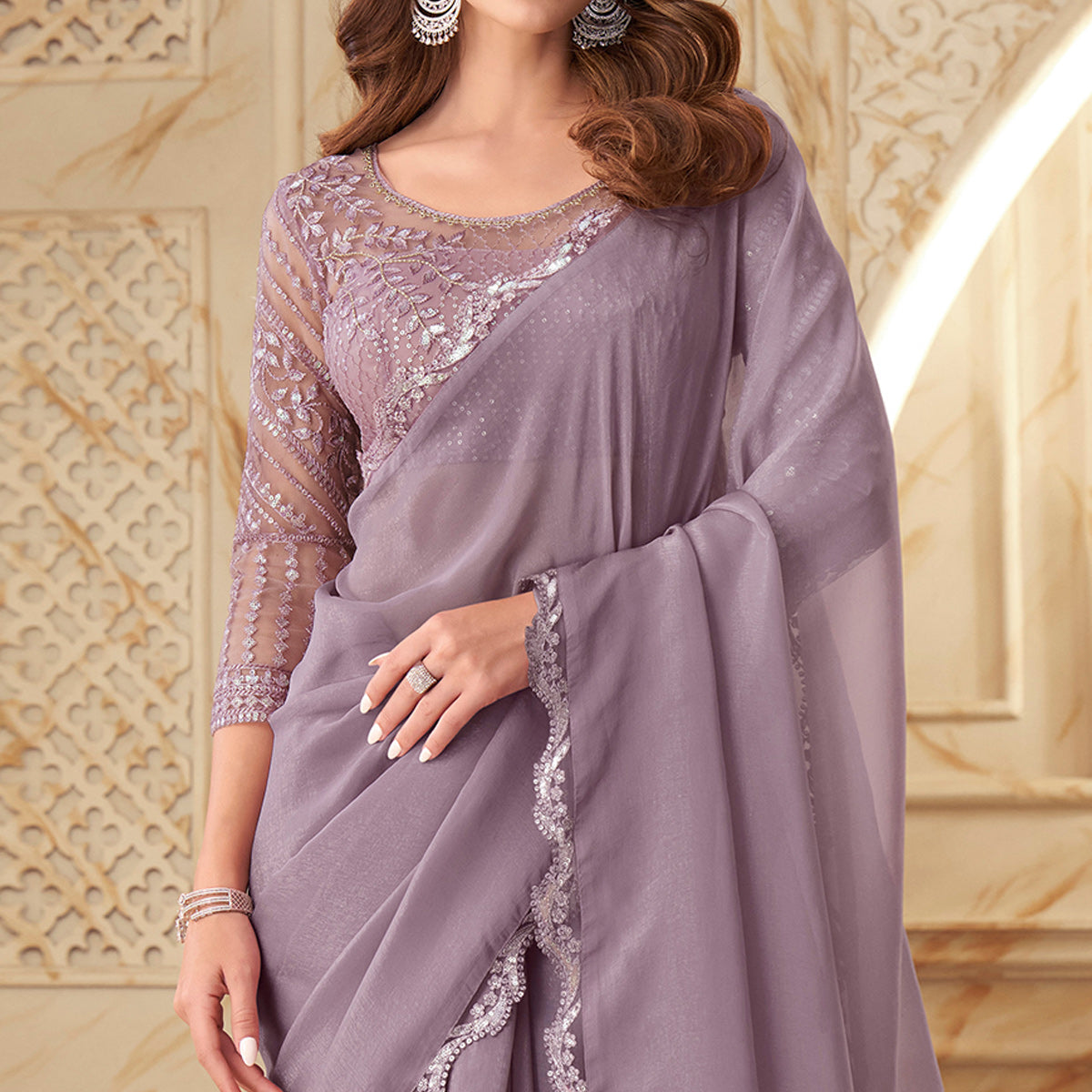 Lavender Sequins Embroidered Georgette Saree