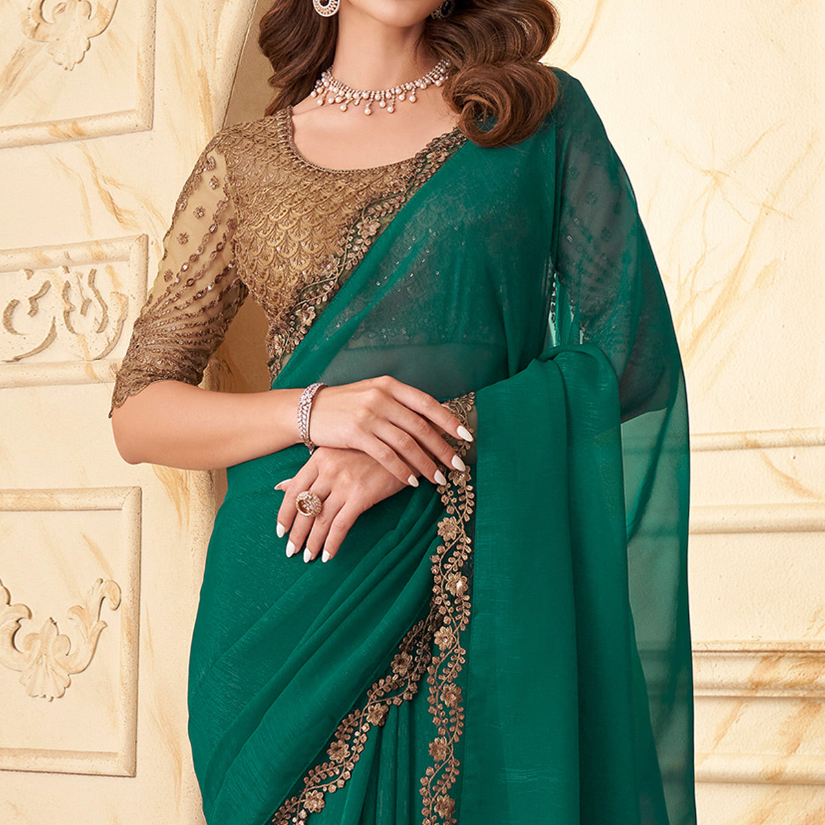 Green Sequins Embroidered Satin Silk Saree