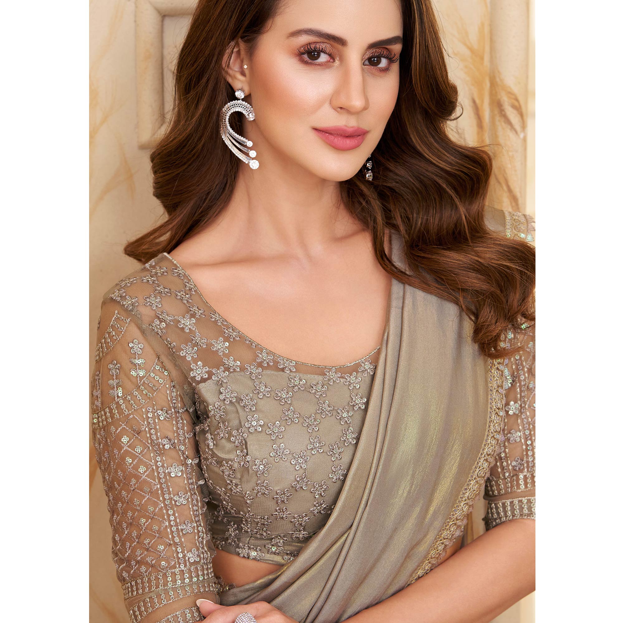 Beige Sequins Embroidered Satin Silk Saree