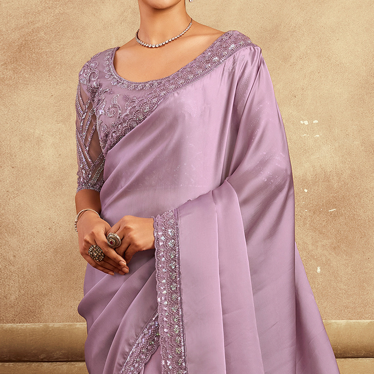 Pastel Purple Sequins Embroidered Satin Silk Saree