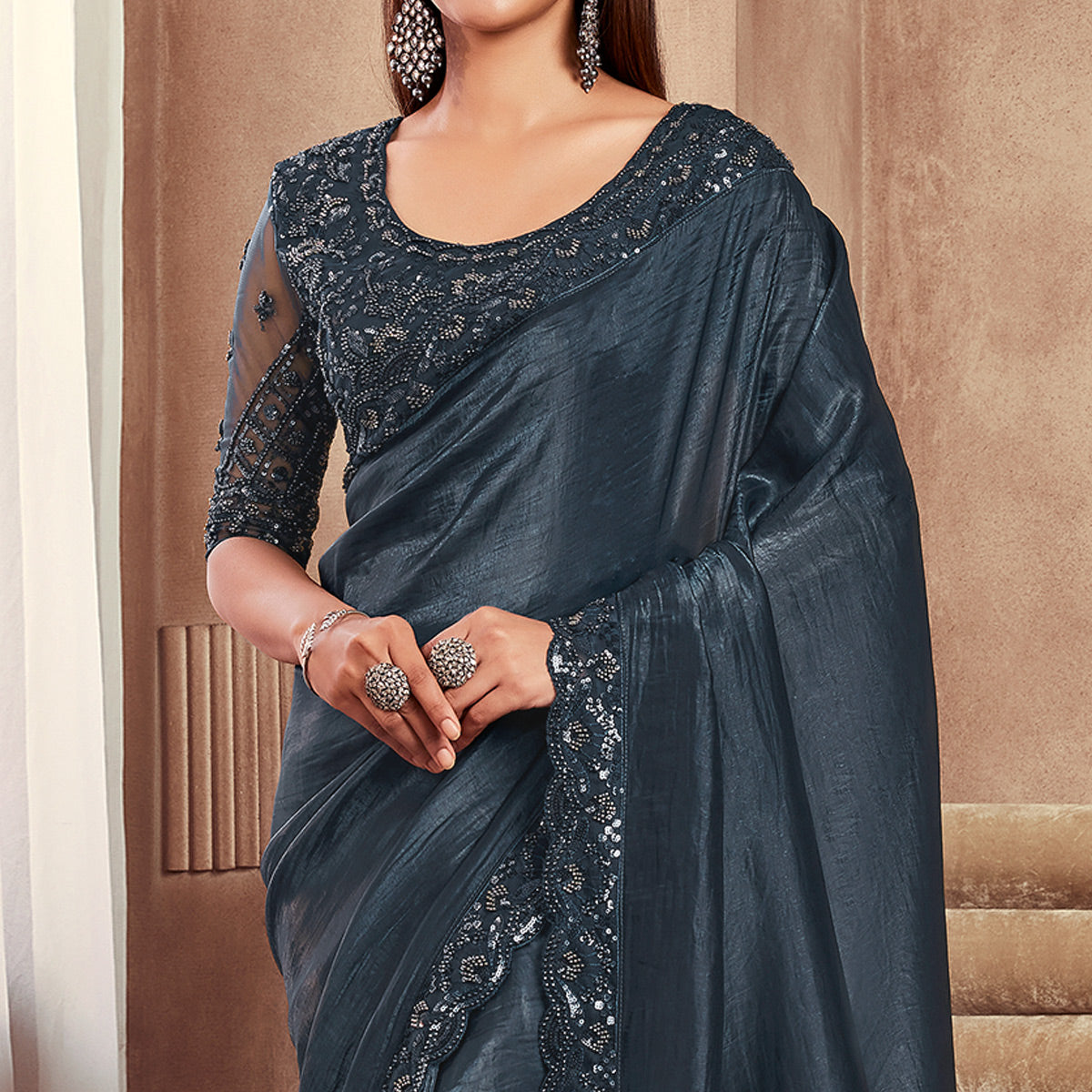 Black Sequins Embroidered Satin Silk Saree