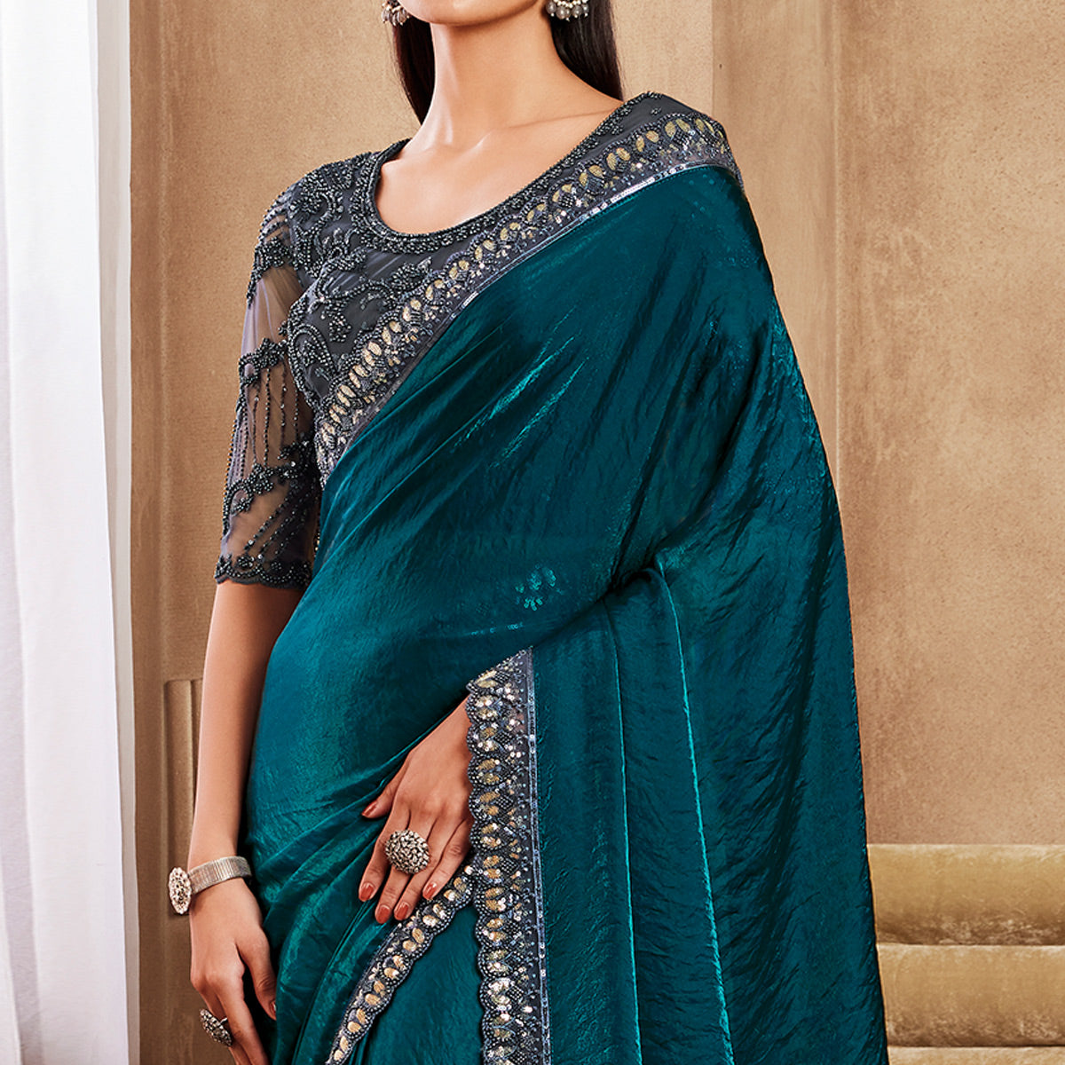 Rama Green Sequins Embroidered Satin Silk Saree
