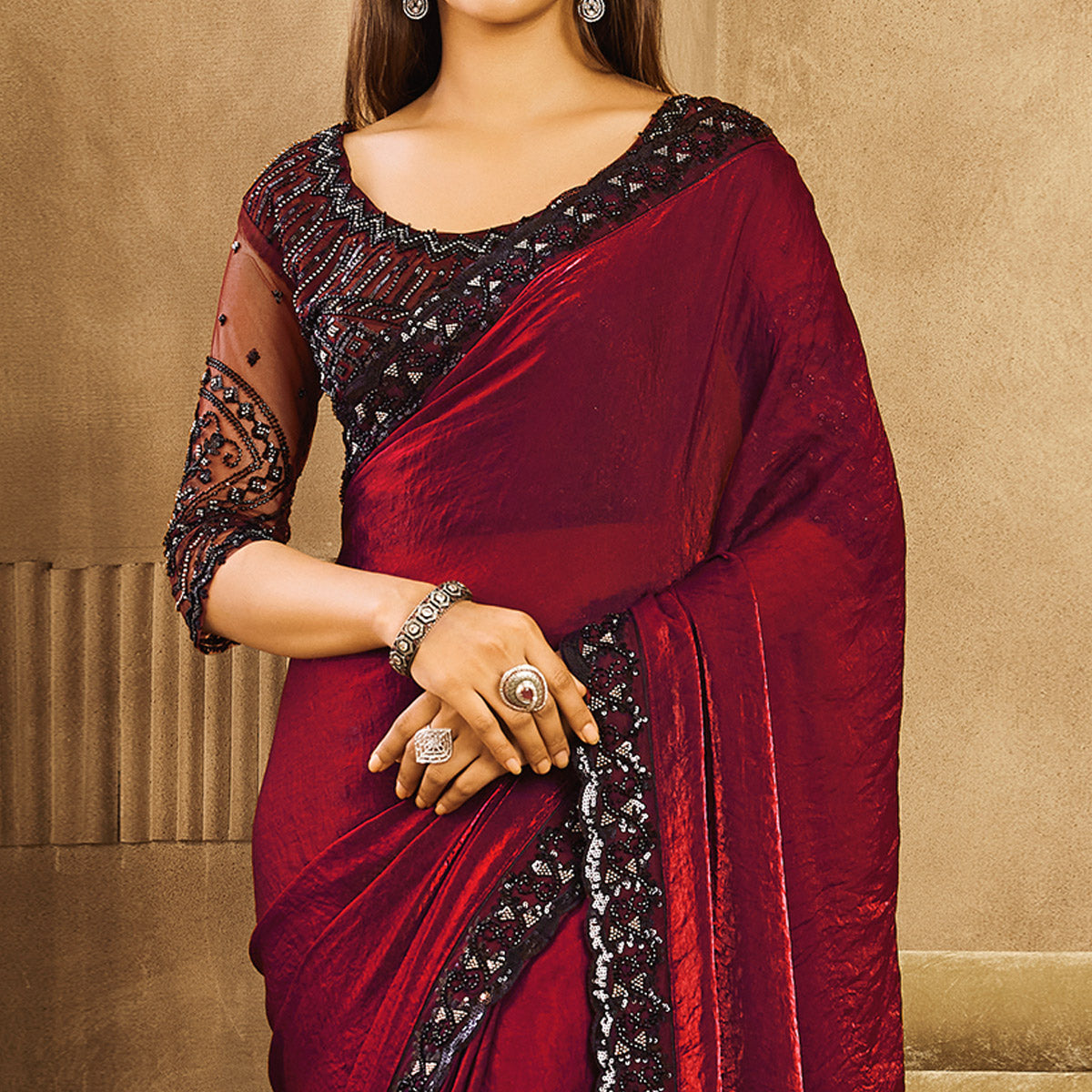 Magenta Sequins Embroidered Satin Silk Saree