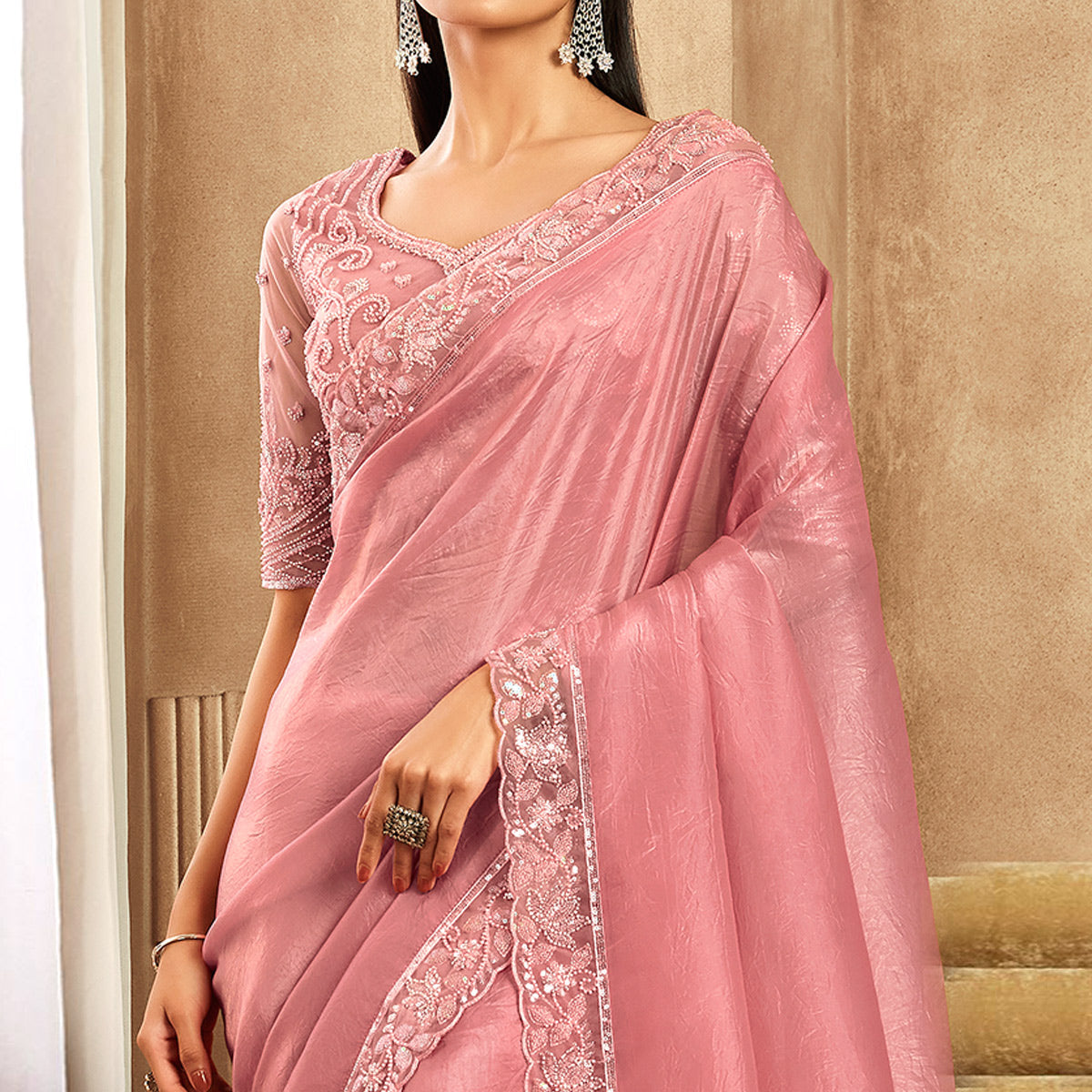 Pink Sequins Embroidered Satin Silk Saree