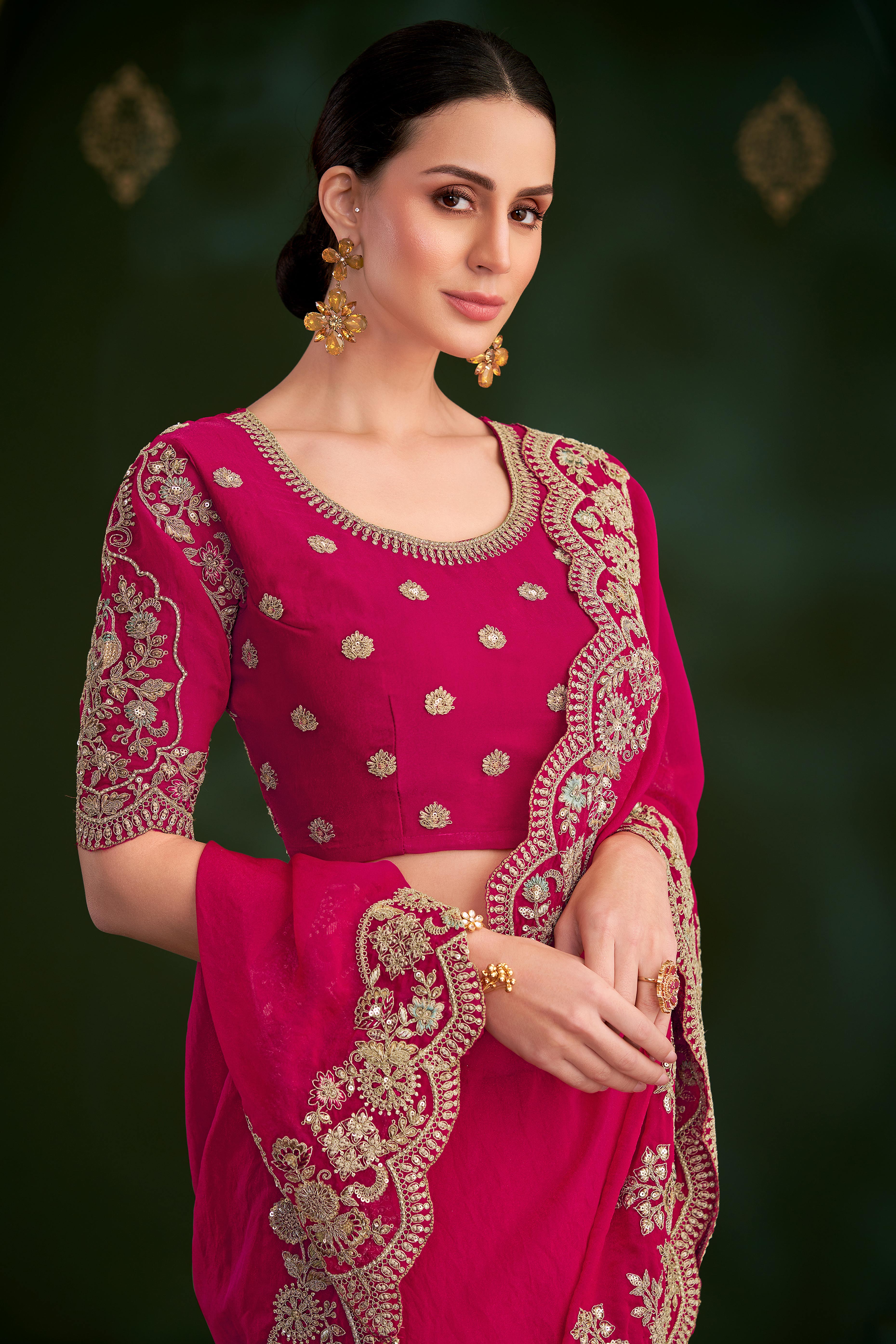 Elegant Pink Georgette Saree Adorned With Floral Cording Sequins Embroidery & Cutwork Border