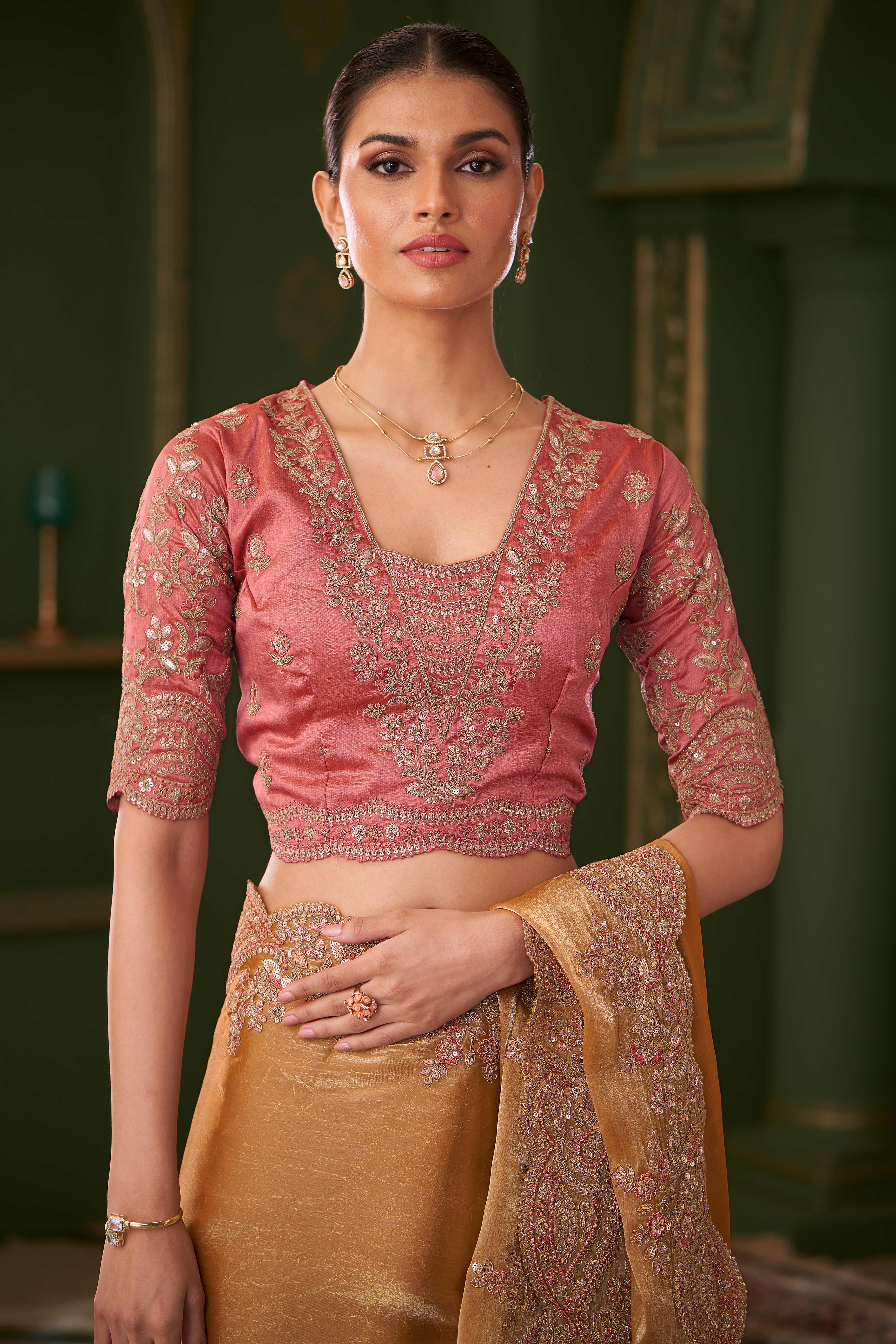 Designer Gold Georgette Saree Adorned With Floral Cording Sequins Embroidery & Cutwork Border