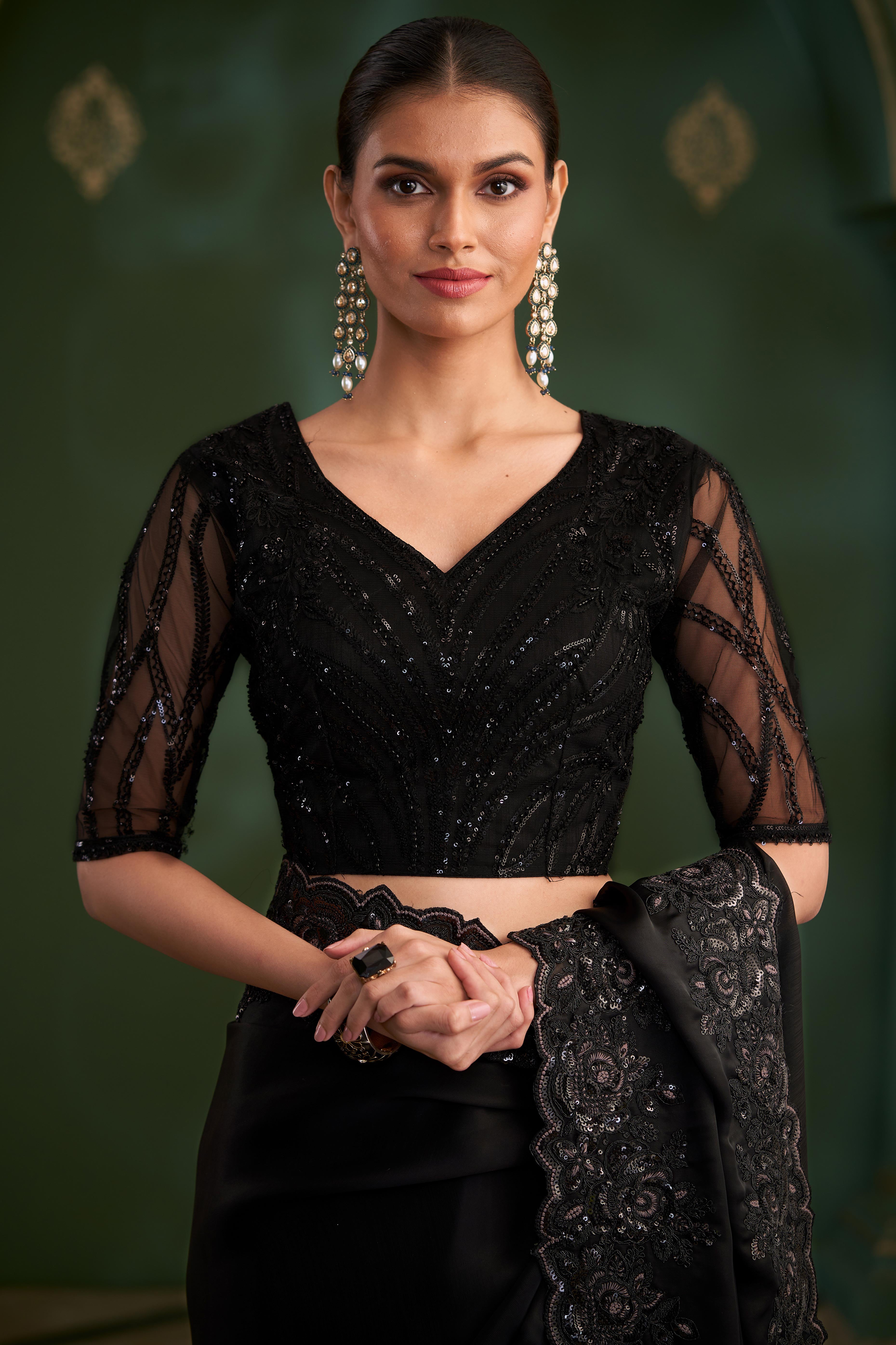 Mesmerizing Black Georgette Saree Adorned With Floral Cording Sequins Embroidery & Cutwork Border