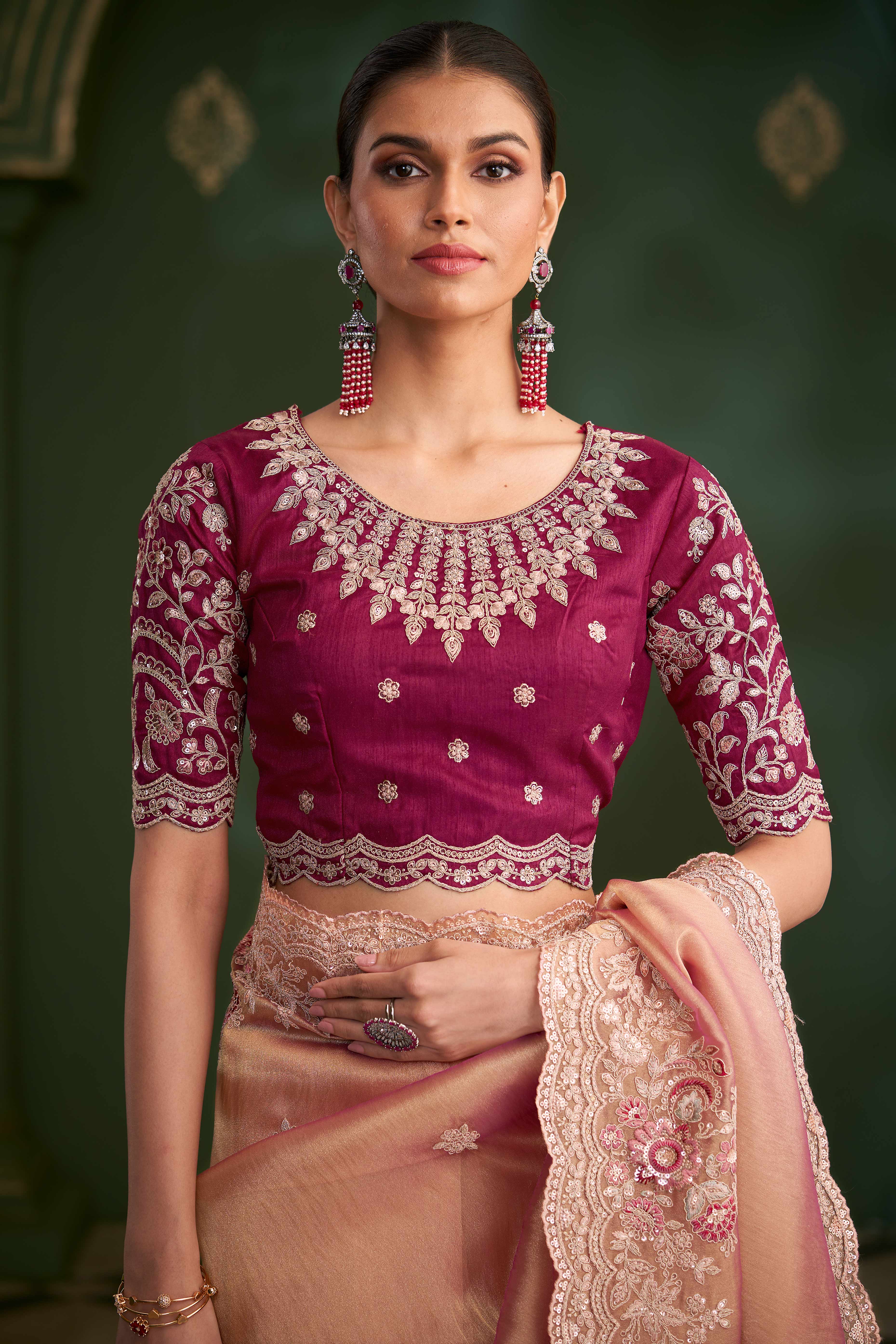 Graceful Peach Georgette Saree Adorned With Floral Cording Sequins Embroidery & Cutwork Border