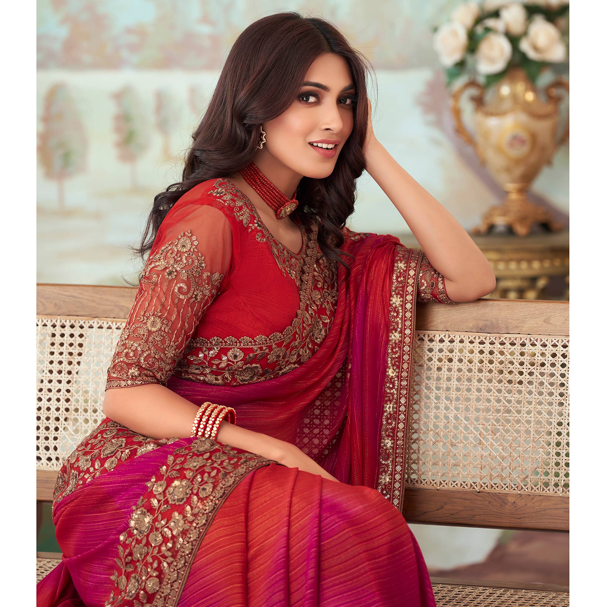 Red & Pink Sequins Embroidered Georgette Saree