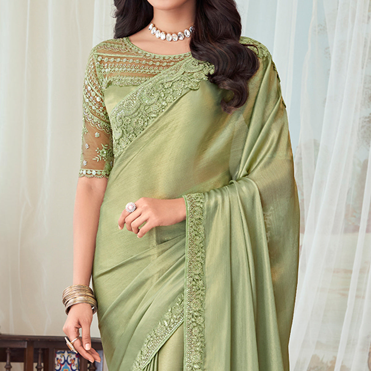 Pista Green Sequins Embroidered Satin Saree