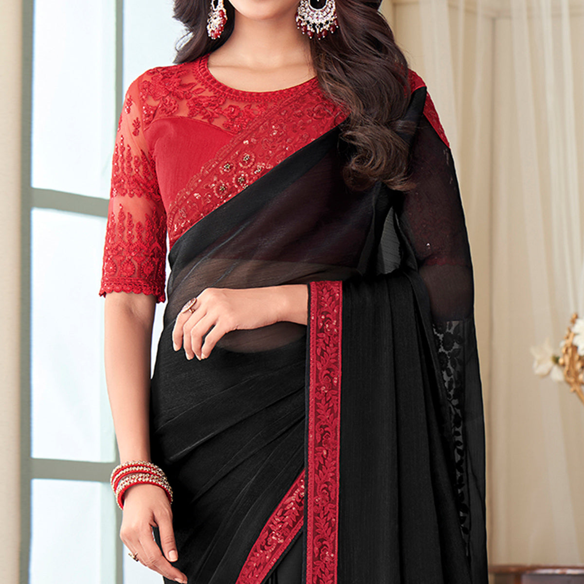 Black Sequins Embroidered Georgette Saree