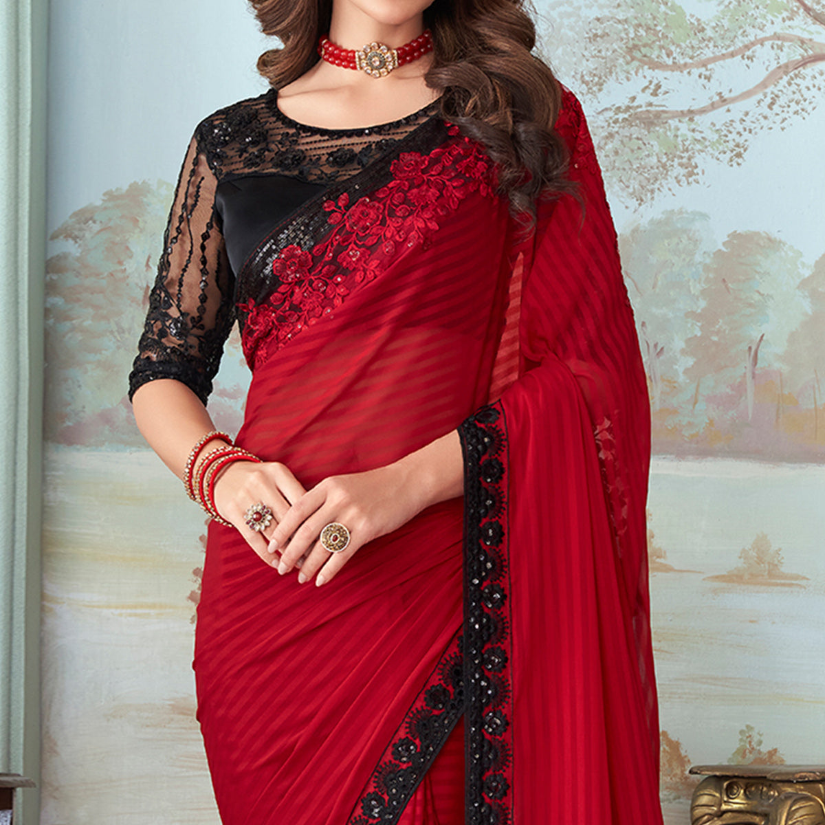 Red Sequins Embroidered Satin Saree