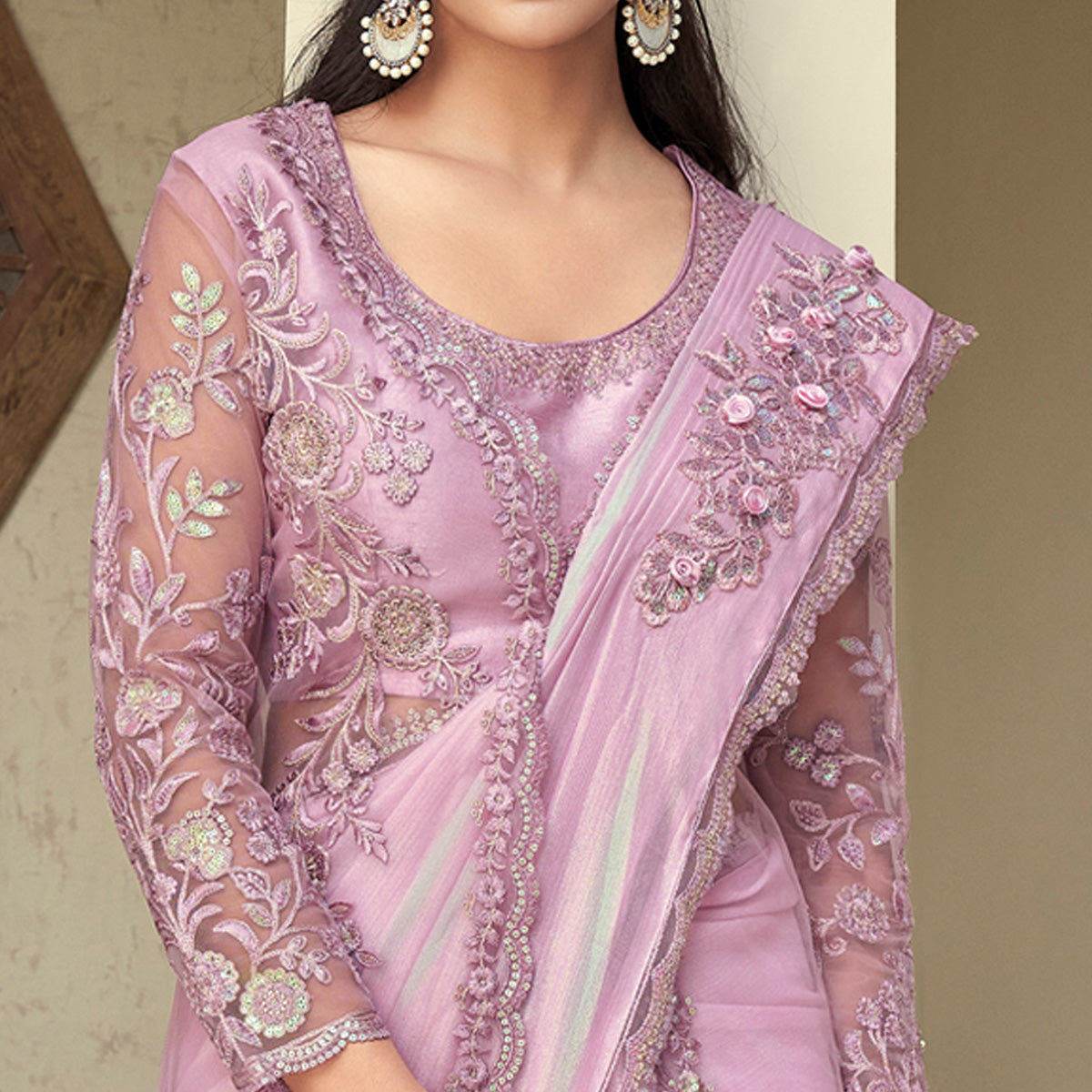 Light Pink Sequins Embroidered Georgette Saree