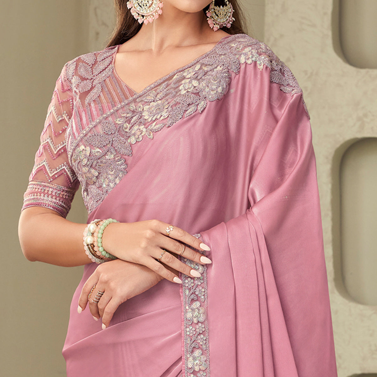 Dusty Pink Sequins Embroidered Georgette Saree