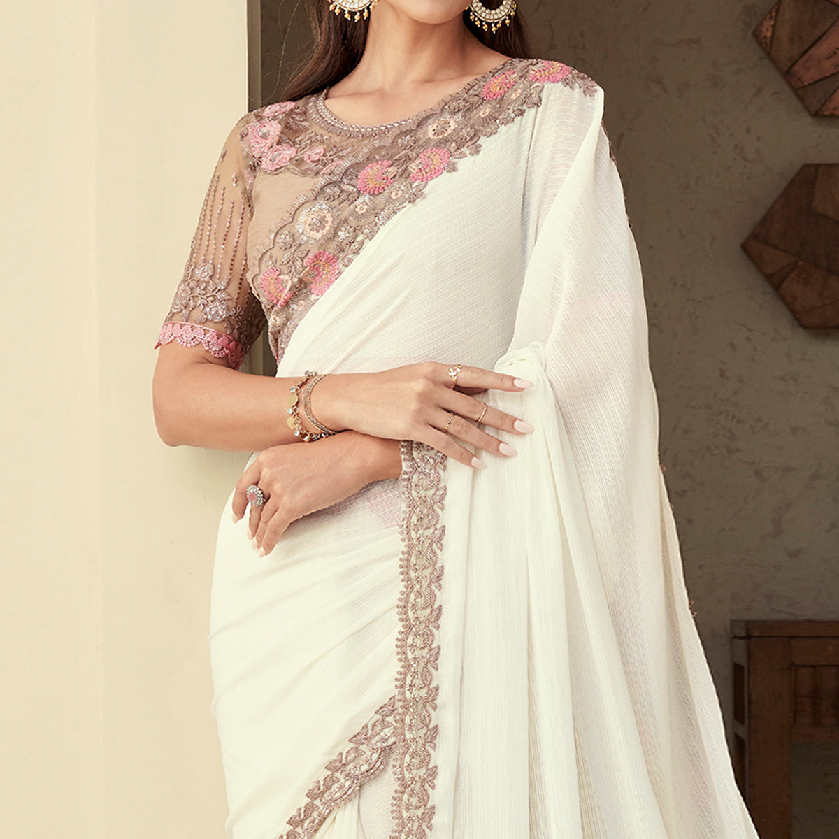 Off White Sequins Embroidered Georgette Saree