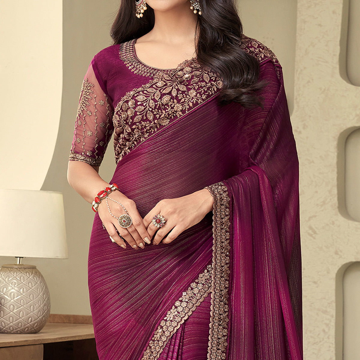 Wine Sequins Embroidered Georgette Saree