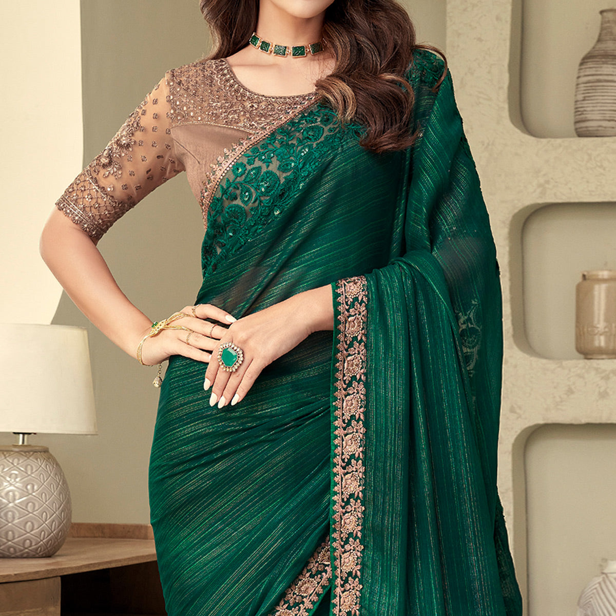 Green Sequins Embroidered Georgette Saree