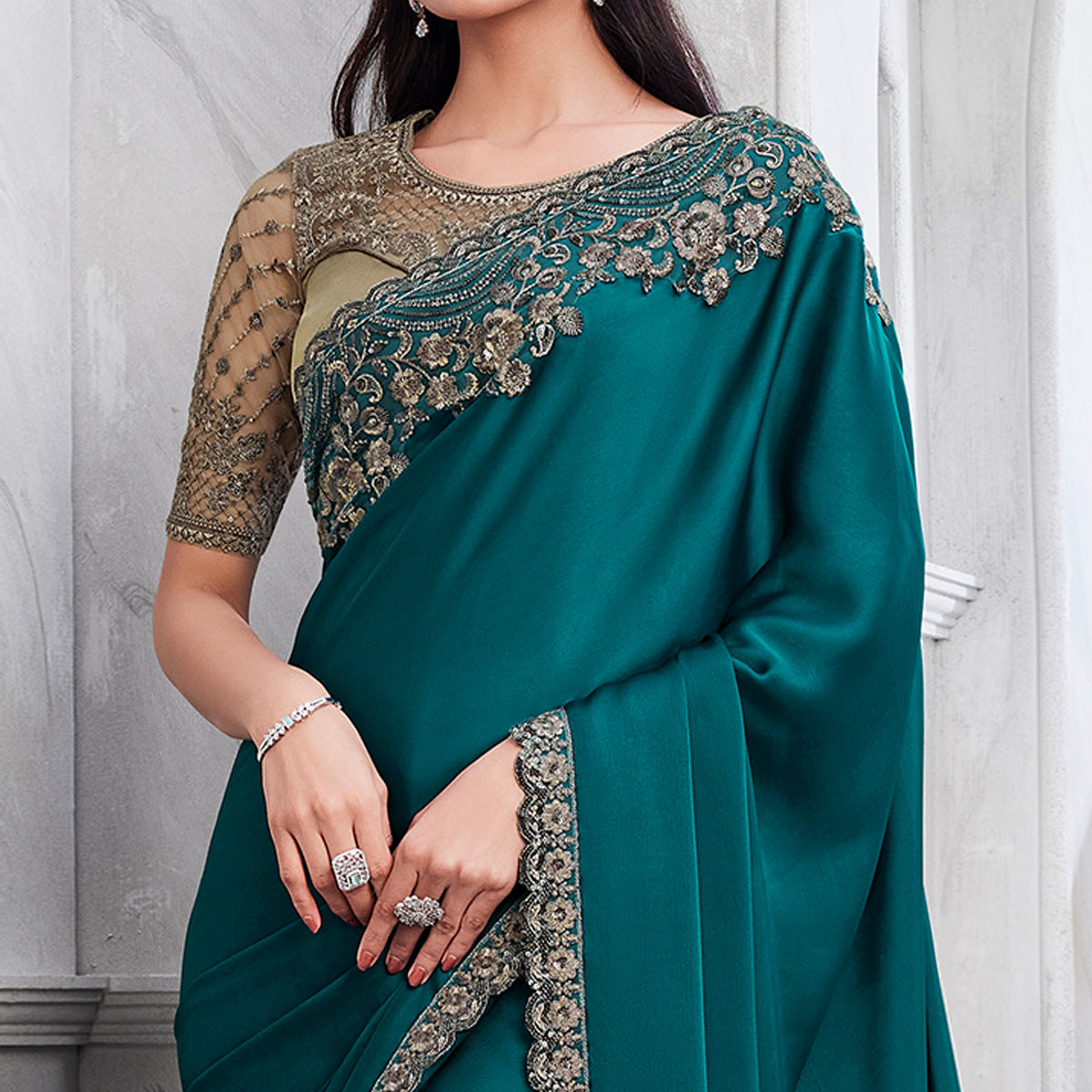 Teal Floral Sequins Embroidered Georgette Saree