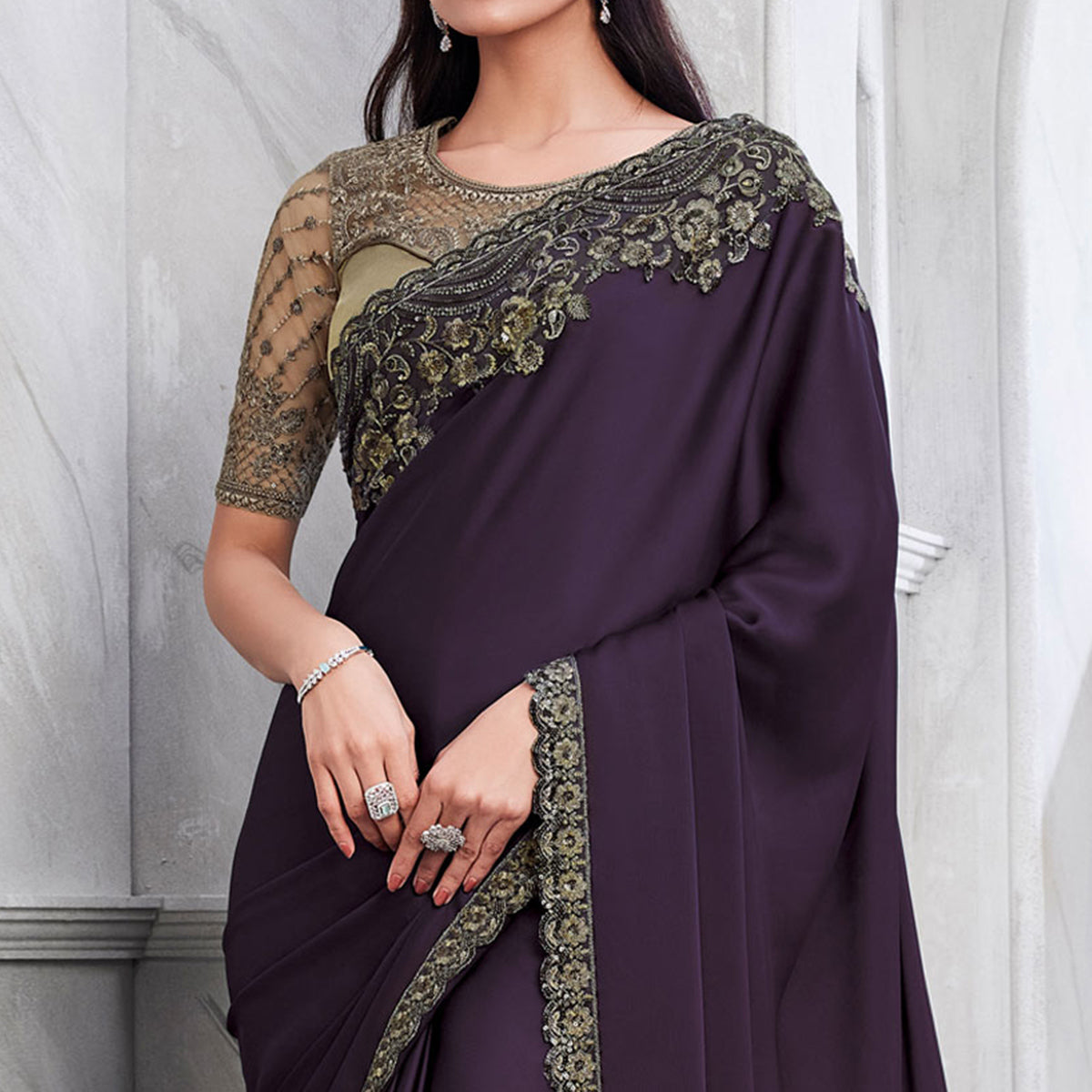 Purple Floral Sequins Embroidered Georgette Saree