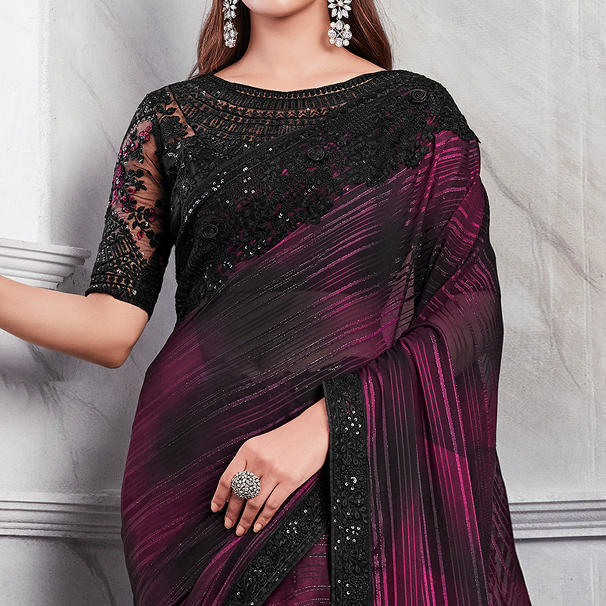 Magenta & Black Floral Sequins Embroidered Georgette Saree
