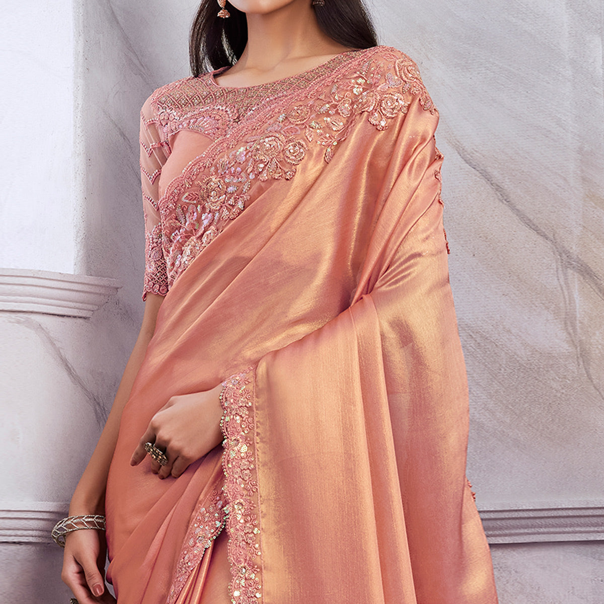 Peach Floral Sequins Embroidered Chiffon Saree