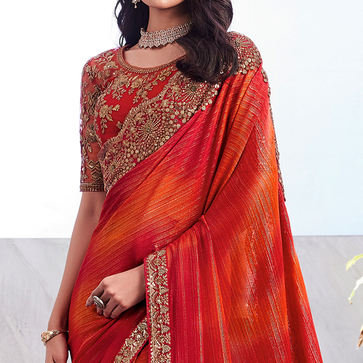 Red & Orange Floral Sequins Embroidered Chiffon Saree