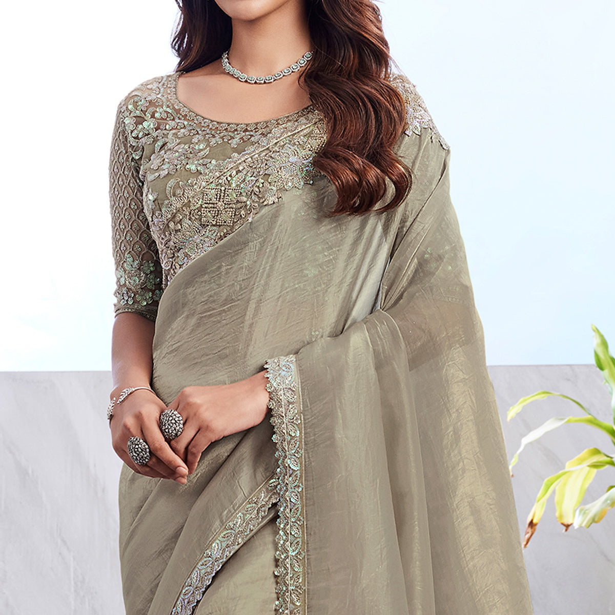 Beige Floral Sequins Embroidered Georgette Saree