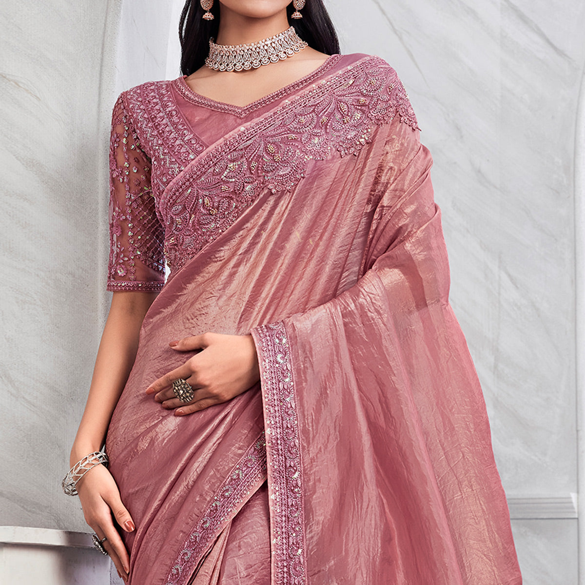 Mauve Floral Sequins Embroidered Georgette Saree