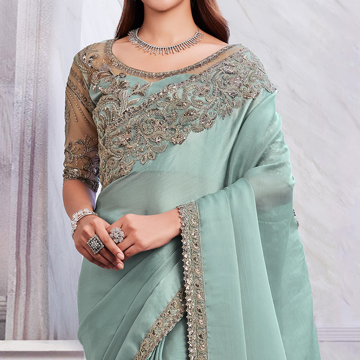 Sea Green Floral Sequins Embroidered Chiffon Saree