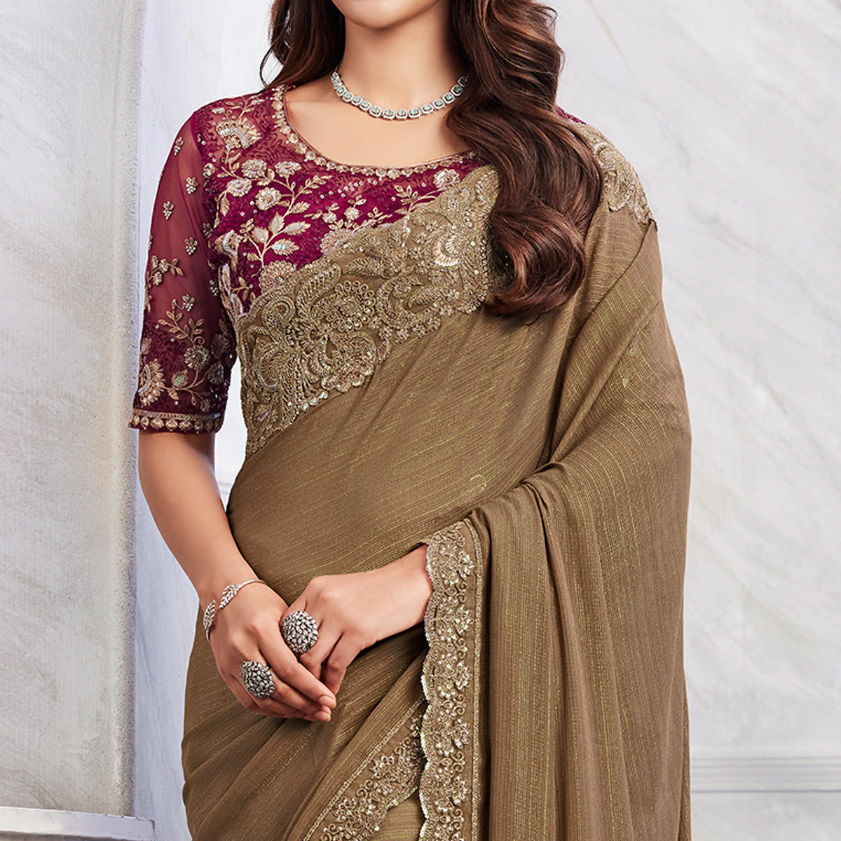 Brown Floral Sequins Embroidered Chiffon Saree