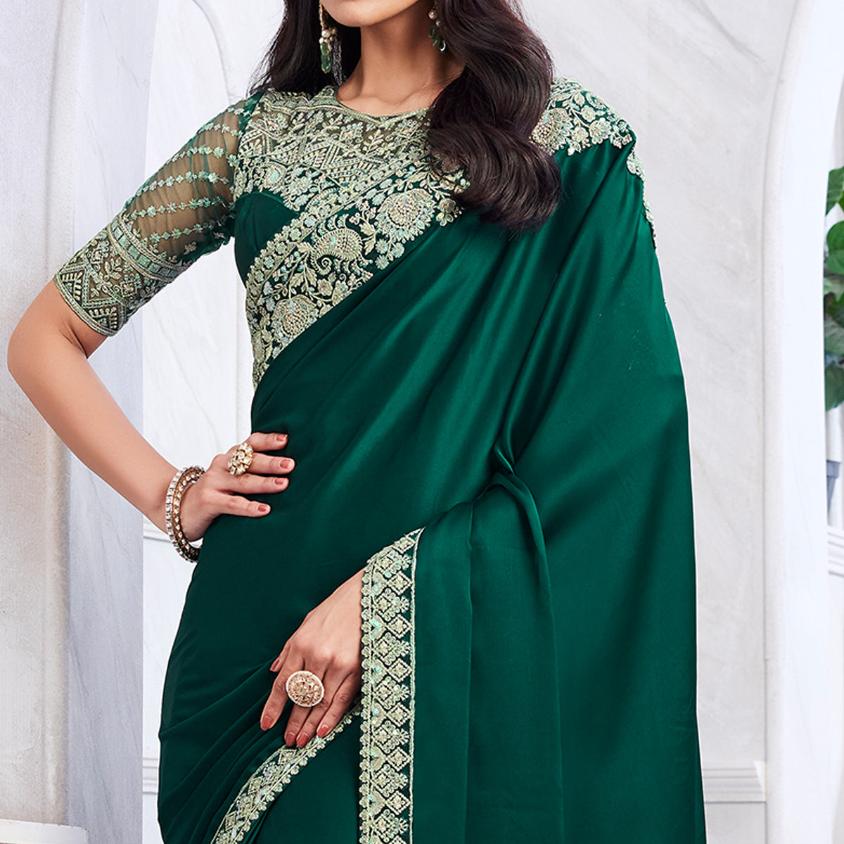 Green Floral Sequins Embroidered Satin Saree