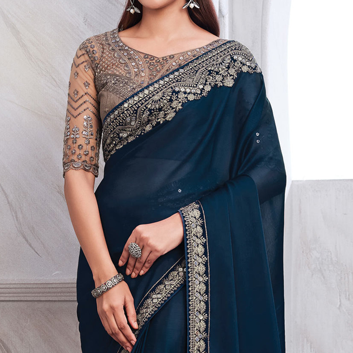 Blue Floral Sequins Embroidered Satin Saree