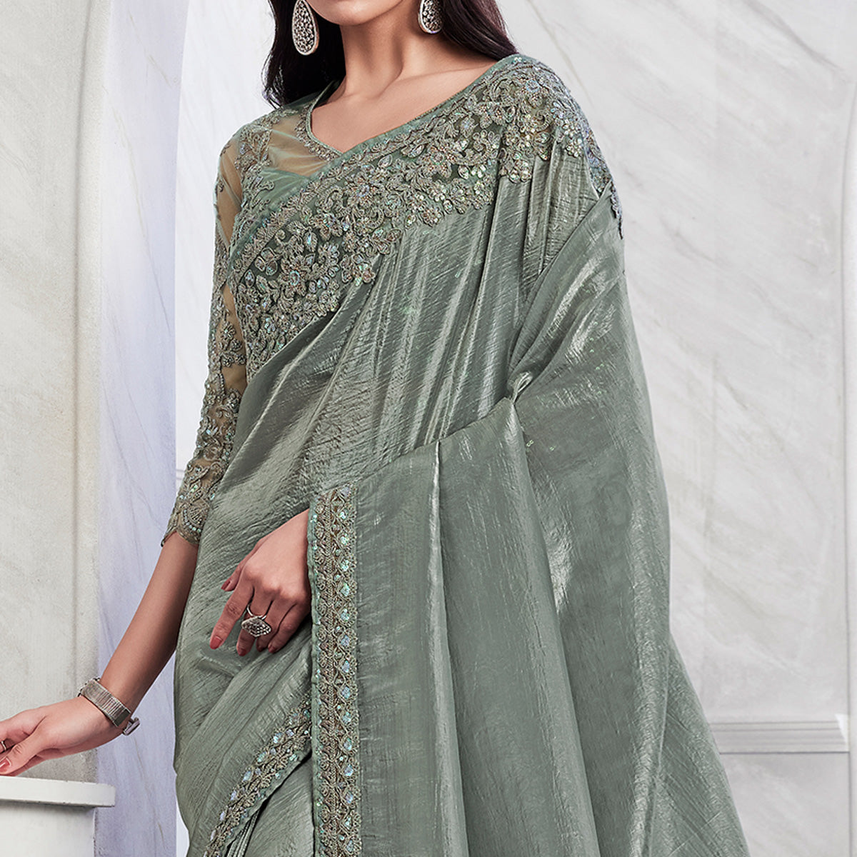 Grey Floral Sequins Embroidered Georgette Saree