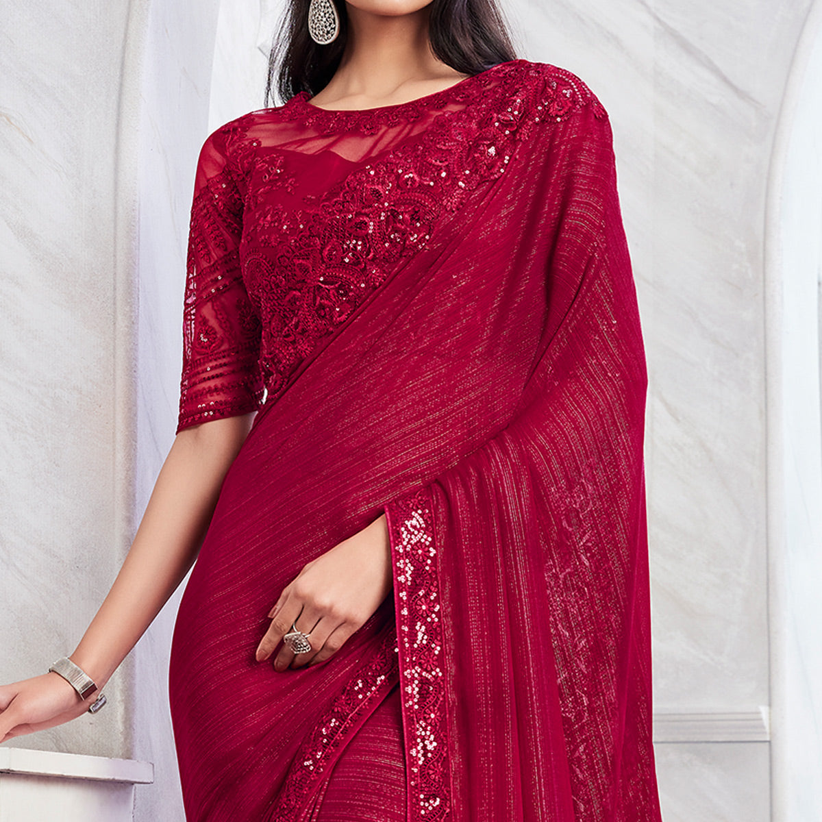 Rani Pink Floral Sequins Embroidered Chiffon Saree