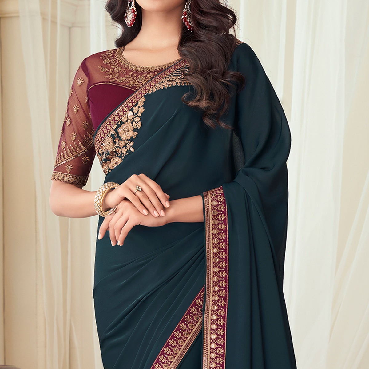 Teal Green Floral Sequin Embroidered Crepe Saree