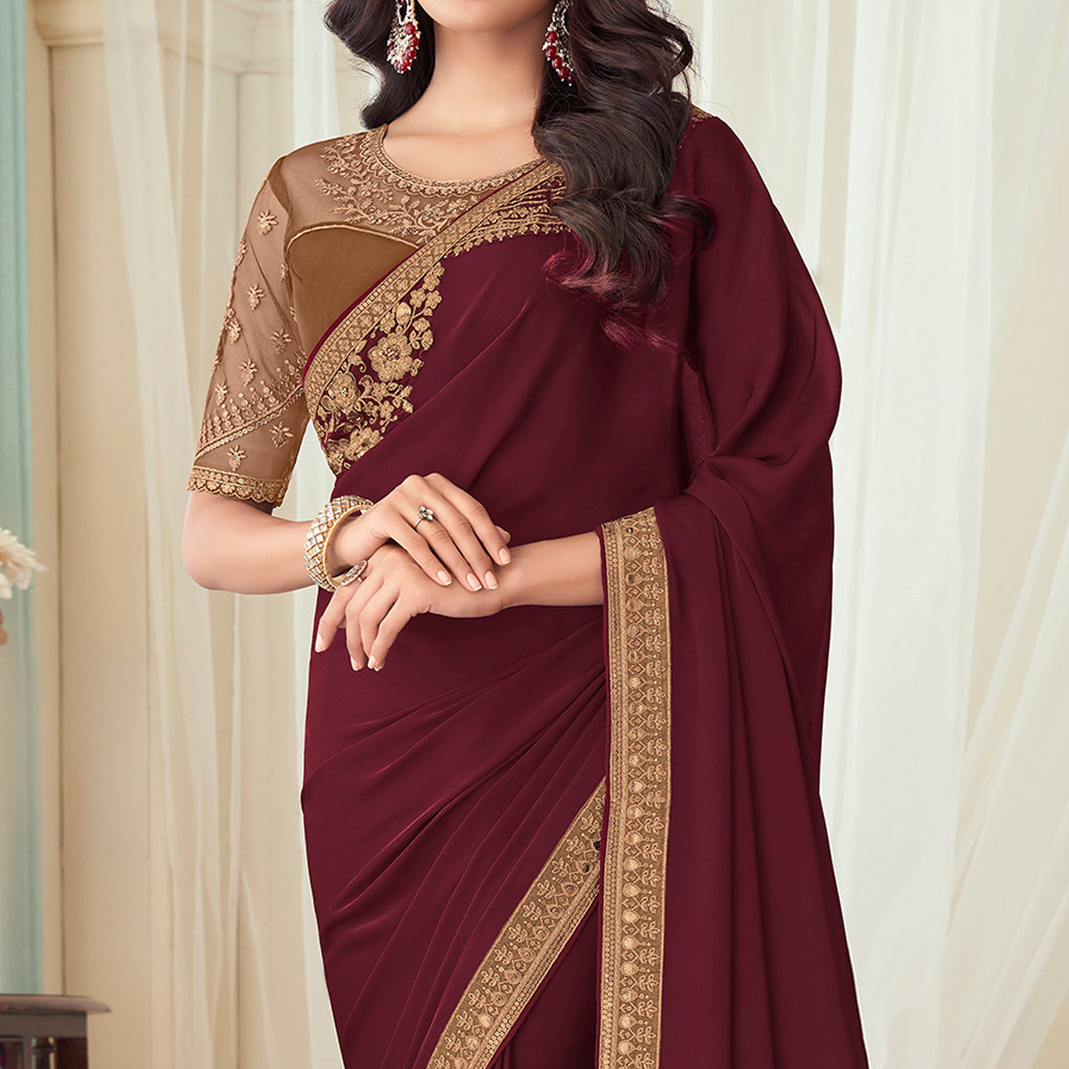 Maroon Floral Sequin Embroidered Crepe Saree